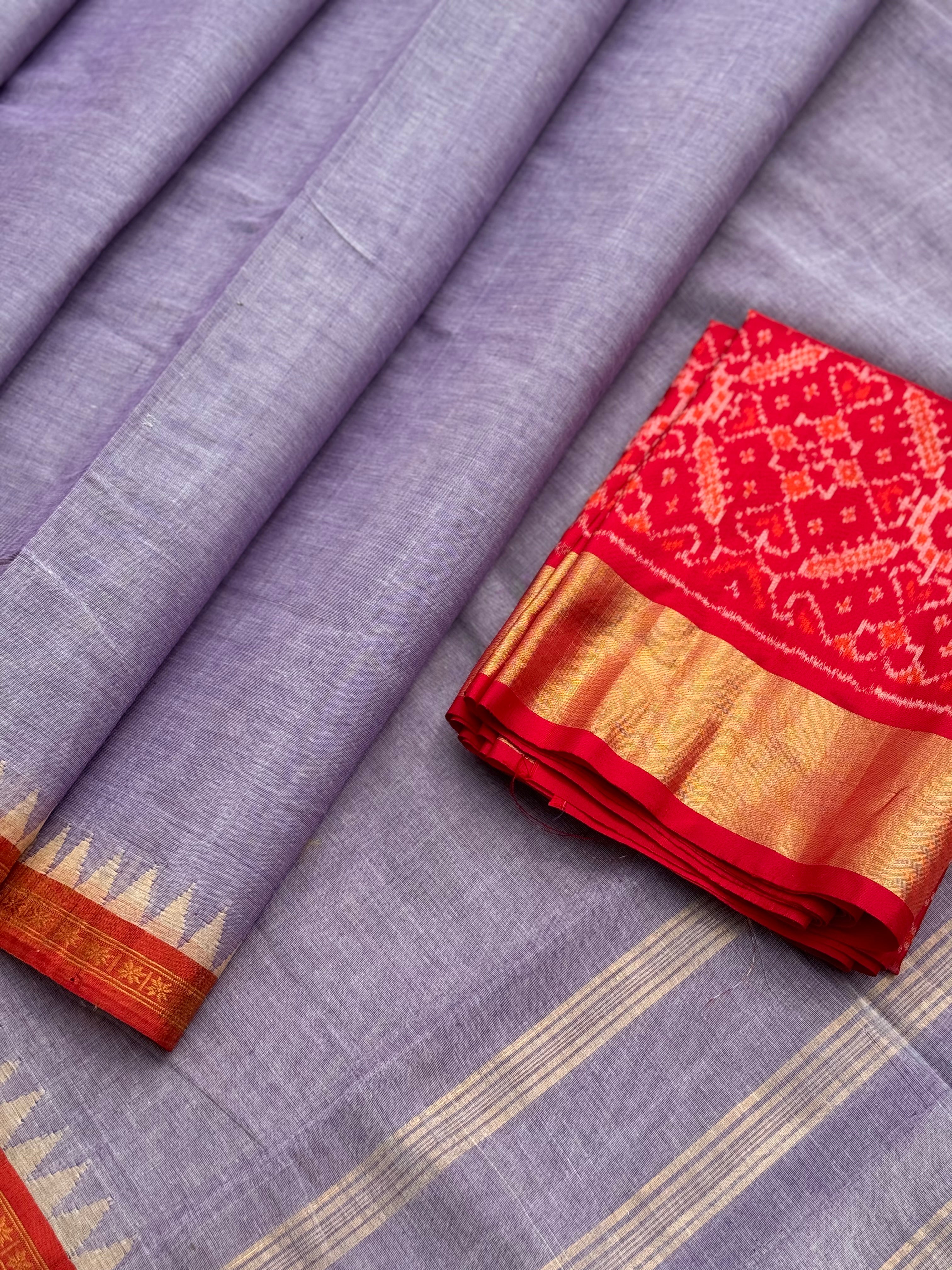 Handspun Ponduru Khadi cotton saree with temple woven contrast silk red border