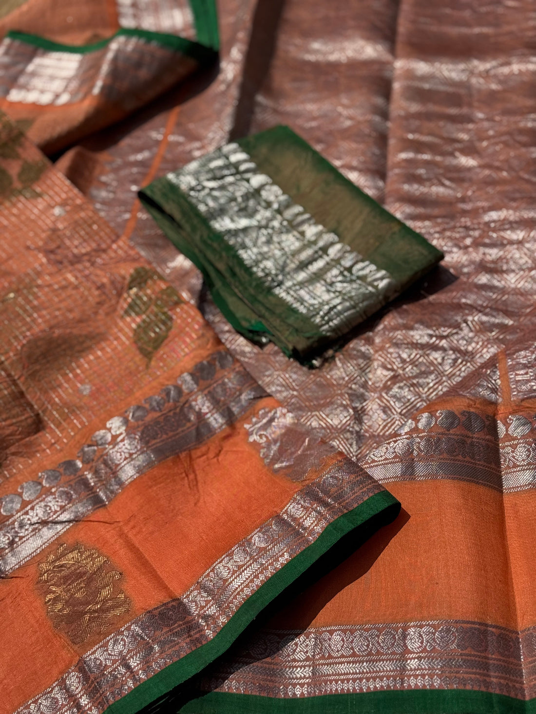 A pastel orange with shot fern green Natural Handmade Ecoprints Gadwal silk saree
