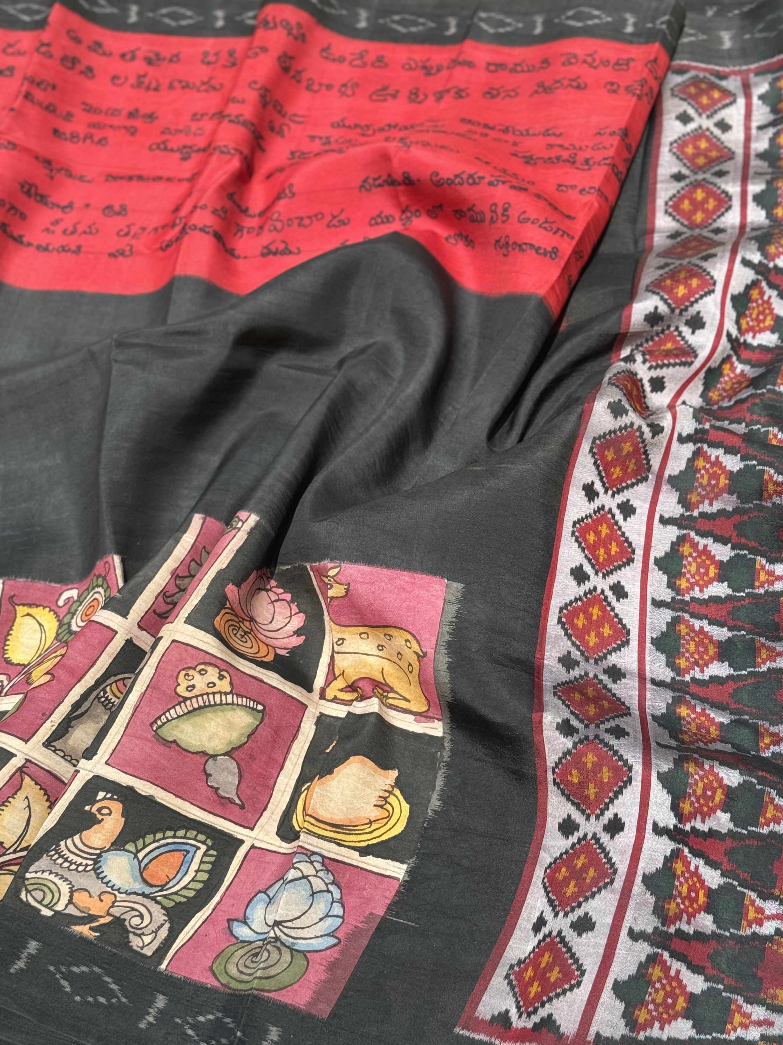 HandDrawn And HandPainted Penkalamkari on Ikkat Silk Saree Krishna Leela scripts and flora fauna checkers