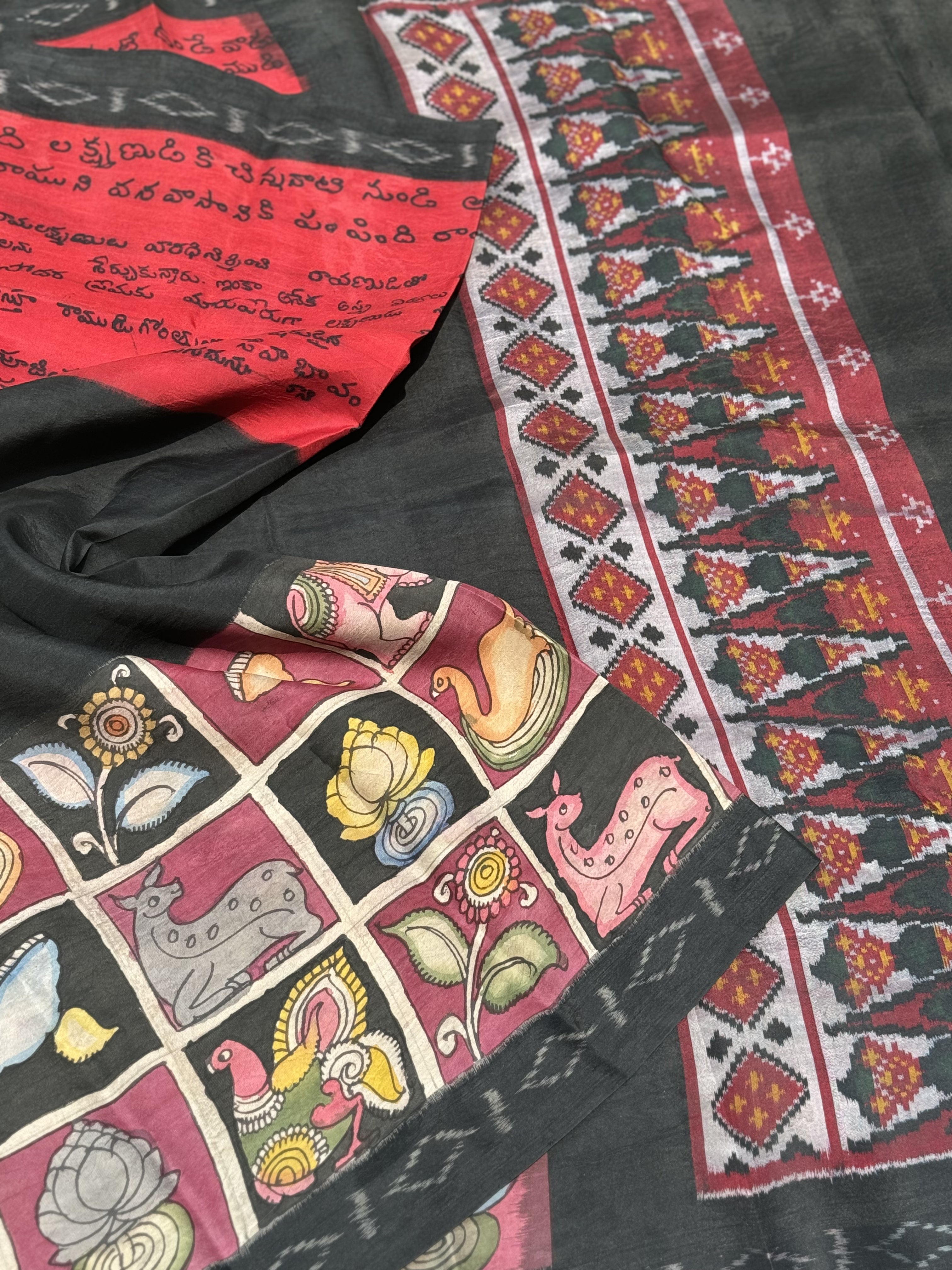 HandDrawn And HandPainted Penkalamkari on Ikkat Silk Saree Krishna Leela scripts and flora fauna checkers