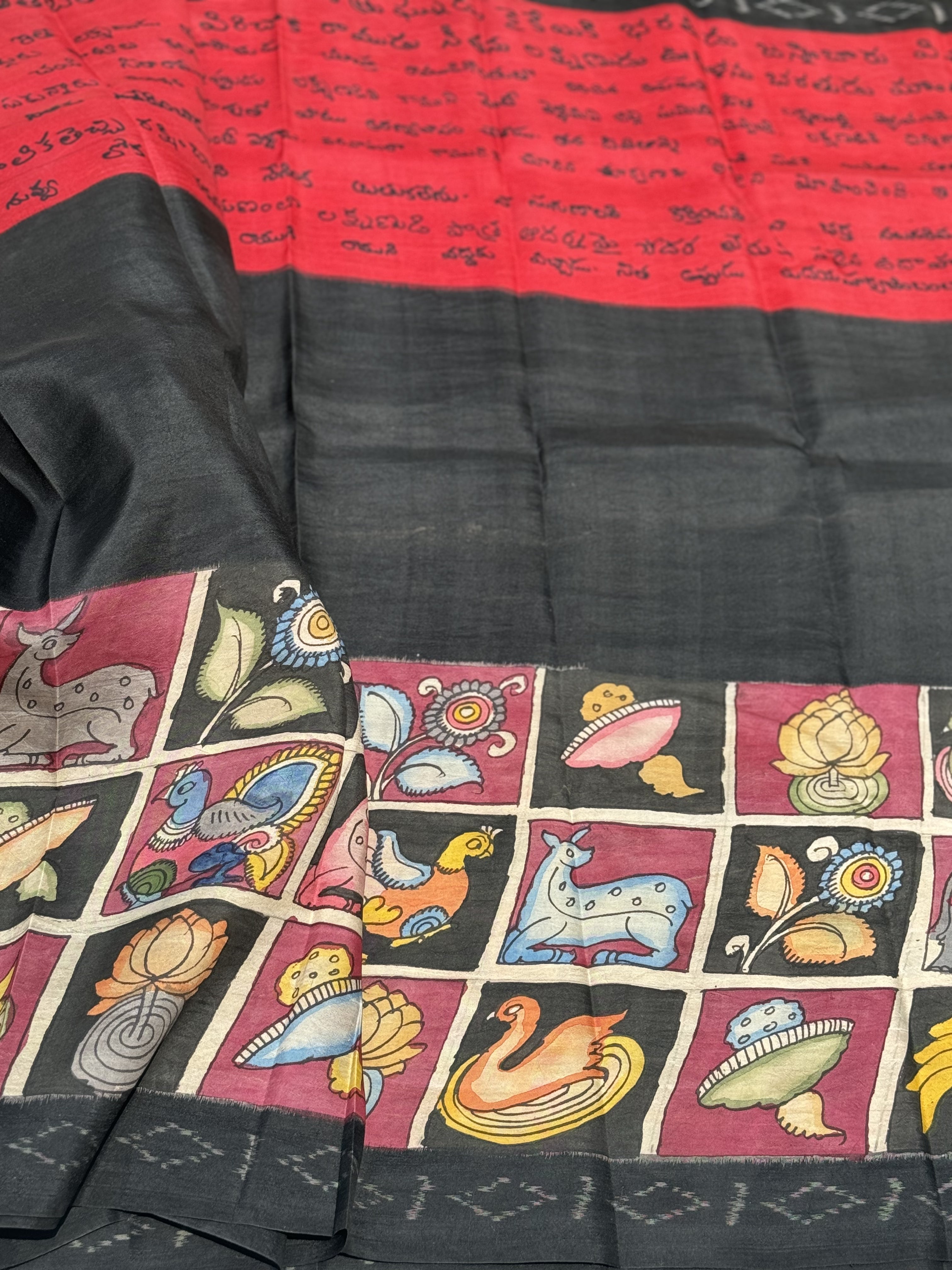 HandDrawn And HandPainted Penkalamkari on Ikkat Silk Saree Krishna Leela scripts and flora fauna checkers
