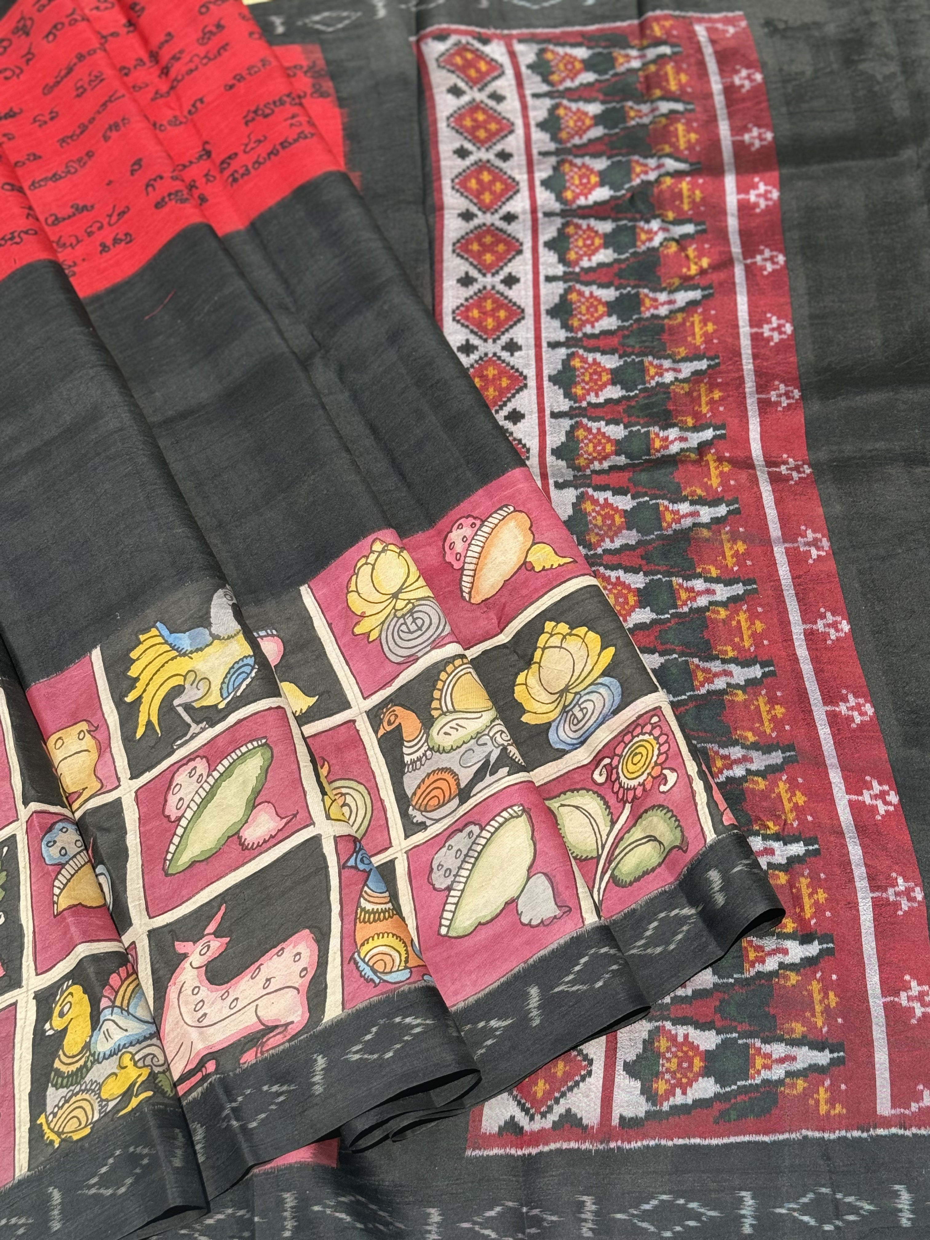 HandDrawn And HandPainted Penkalamkari on Ikkat Silk Saree Krishna Leela scripts and flora fauna checkers