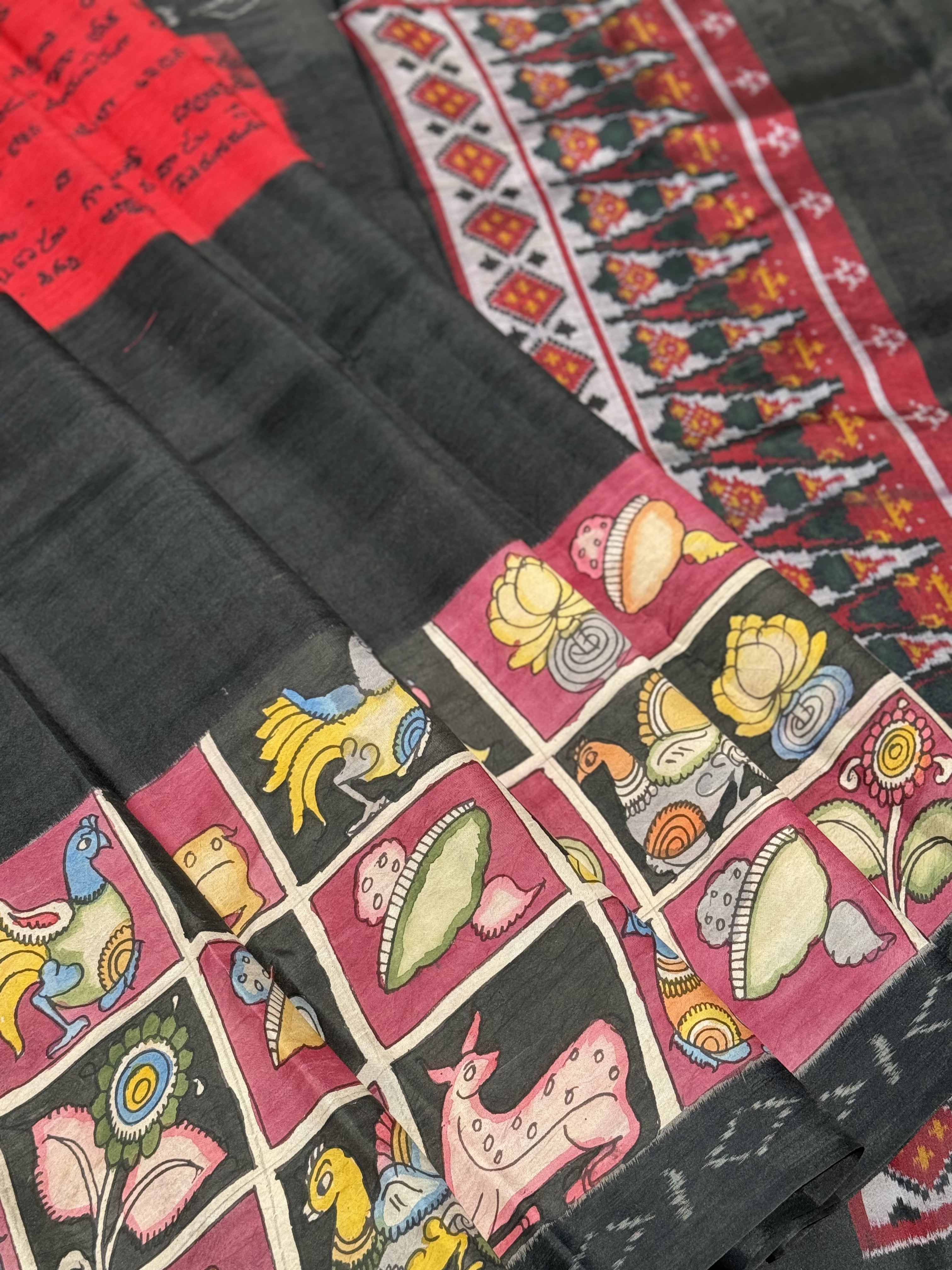 HandDrawn And HandPainted Penkalamkari on Ikkat Silk Saree Krishna Leela scripts and flora fauna checkers