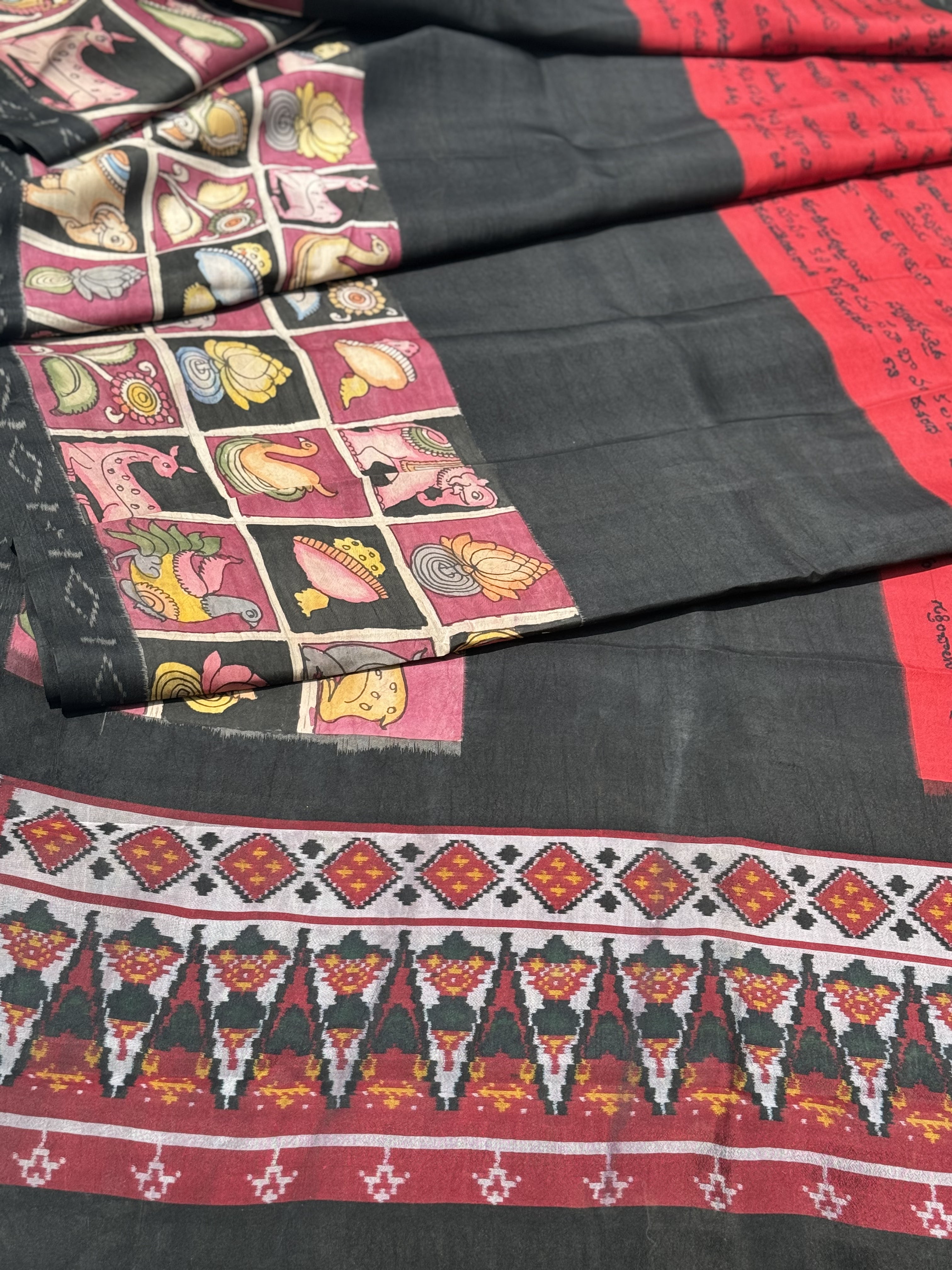 HandDrawn And HandPainted Penkalamkari on Ikkat Silk Saree Krishna Leela scripts and flora fauna checkers