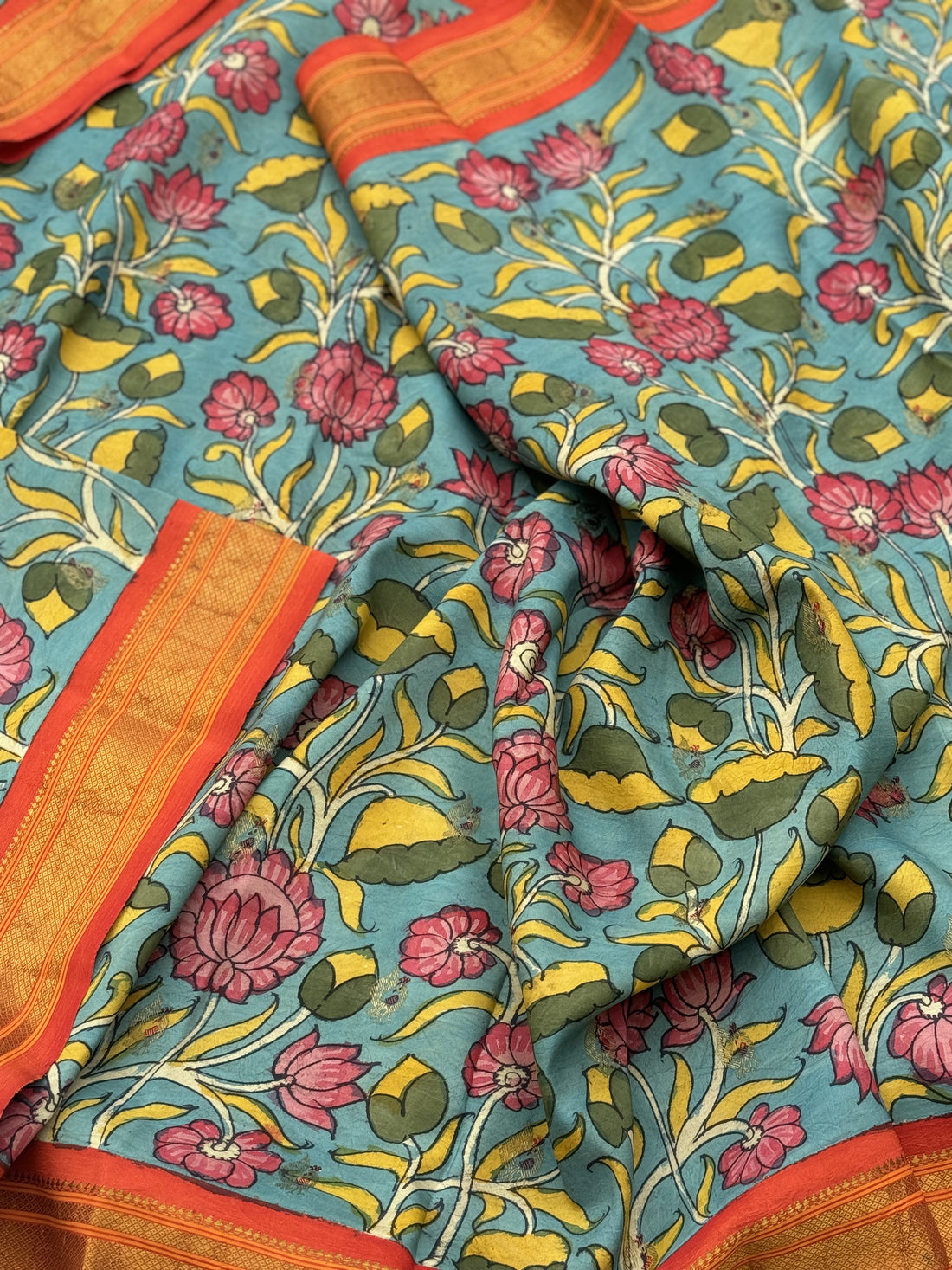 Complete HandDrawn And HandPainted Penkalamkari Maharani paithani silk saree