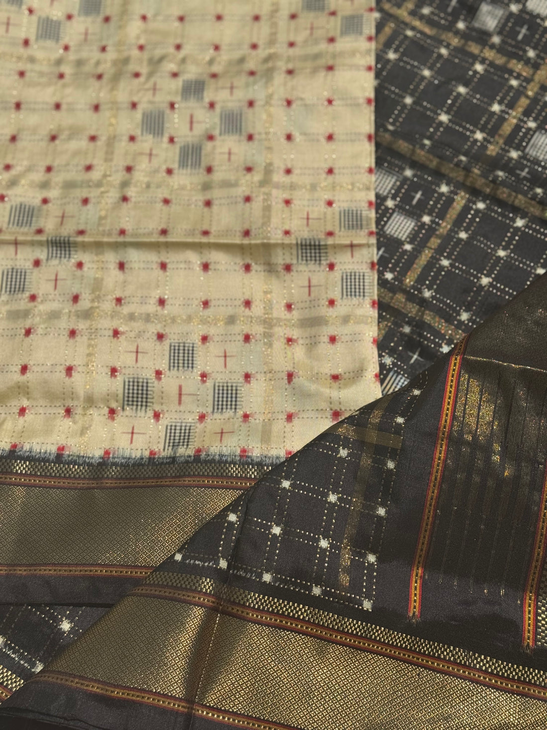 A masterpiece and mastercrafted piece weft single ikkat tie dyed handwoven saree in pure mulberry silk with traditional zari checkS