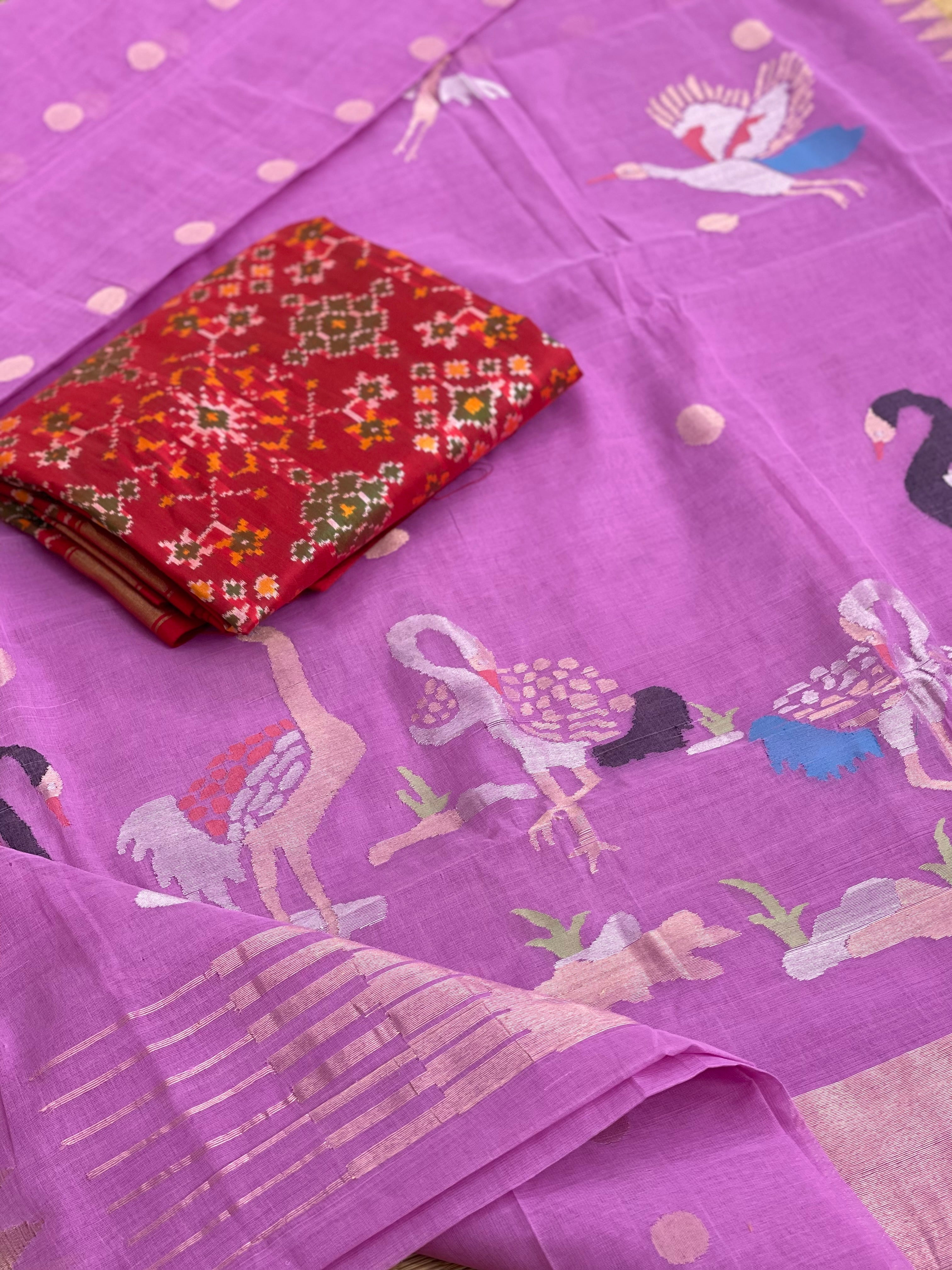 A gorgeous lilac colour Ponduru khadi Jaal Jamdani cotton saree