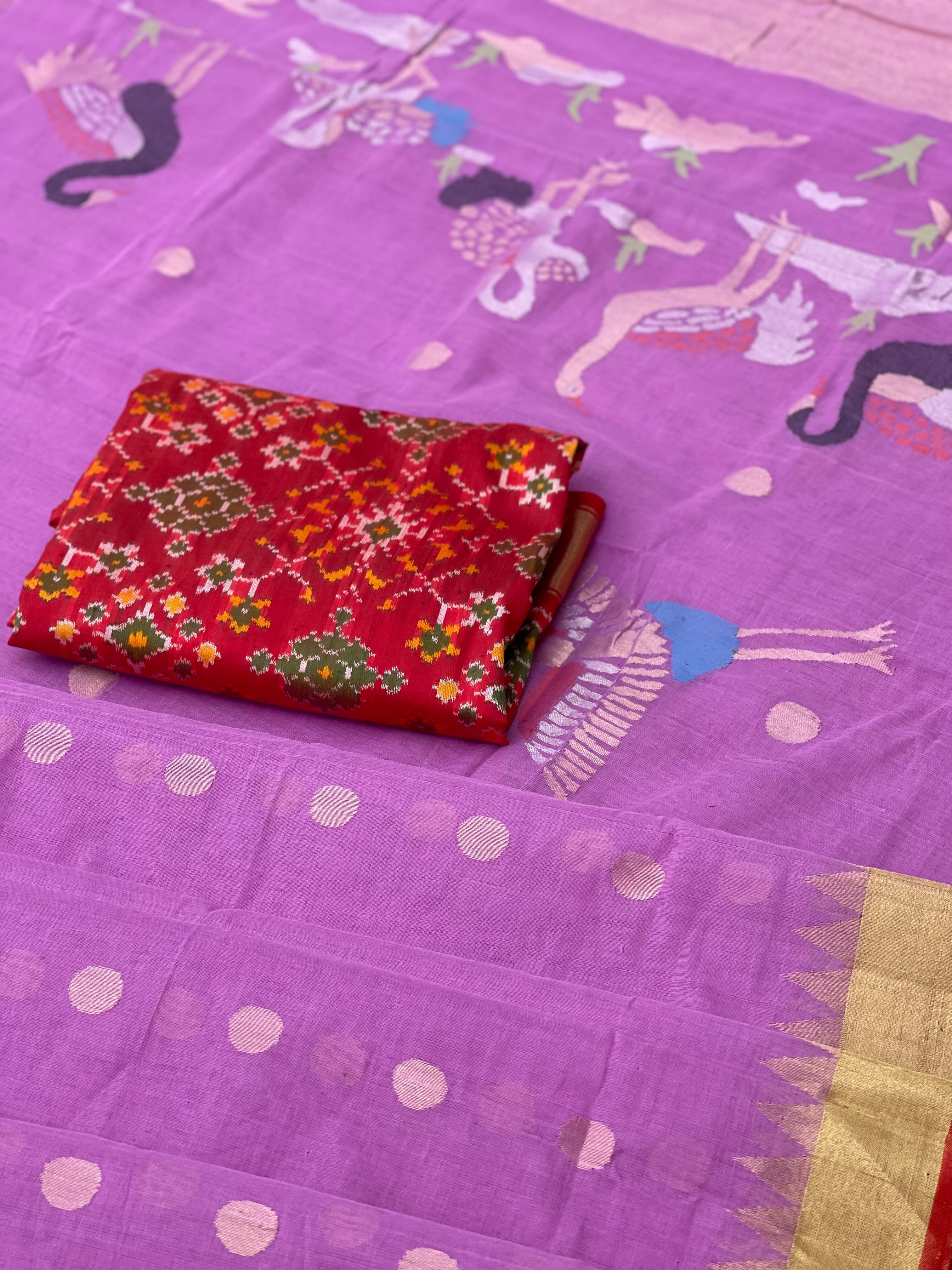 A gorgeous lilac colour Ponduru khadi Jaal Jamdani cotton saree