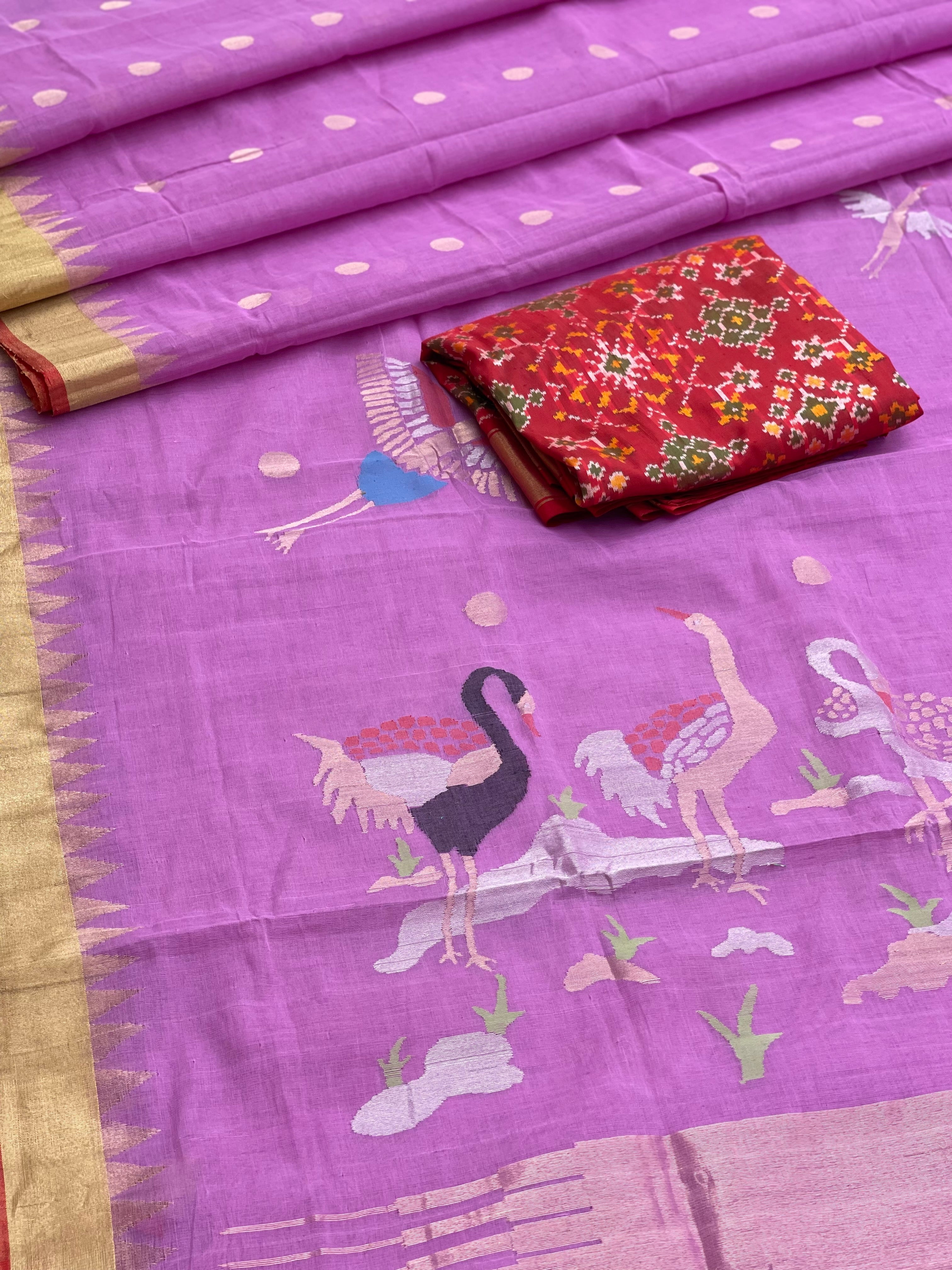 A gorgeous lilac colour Ponduru khadi Jaal Jamdani cotton saree