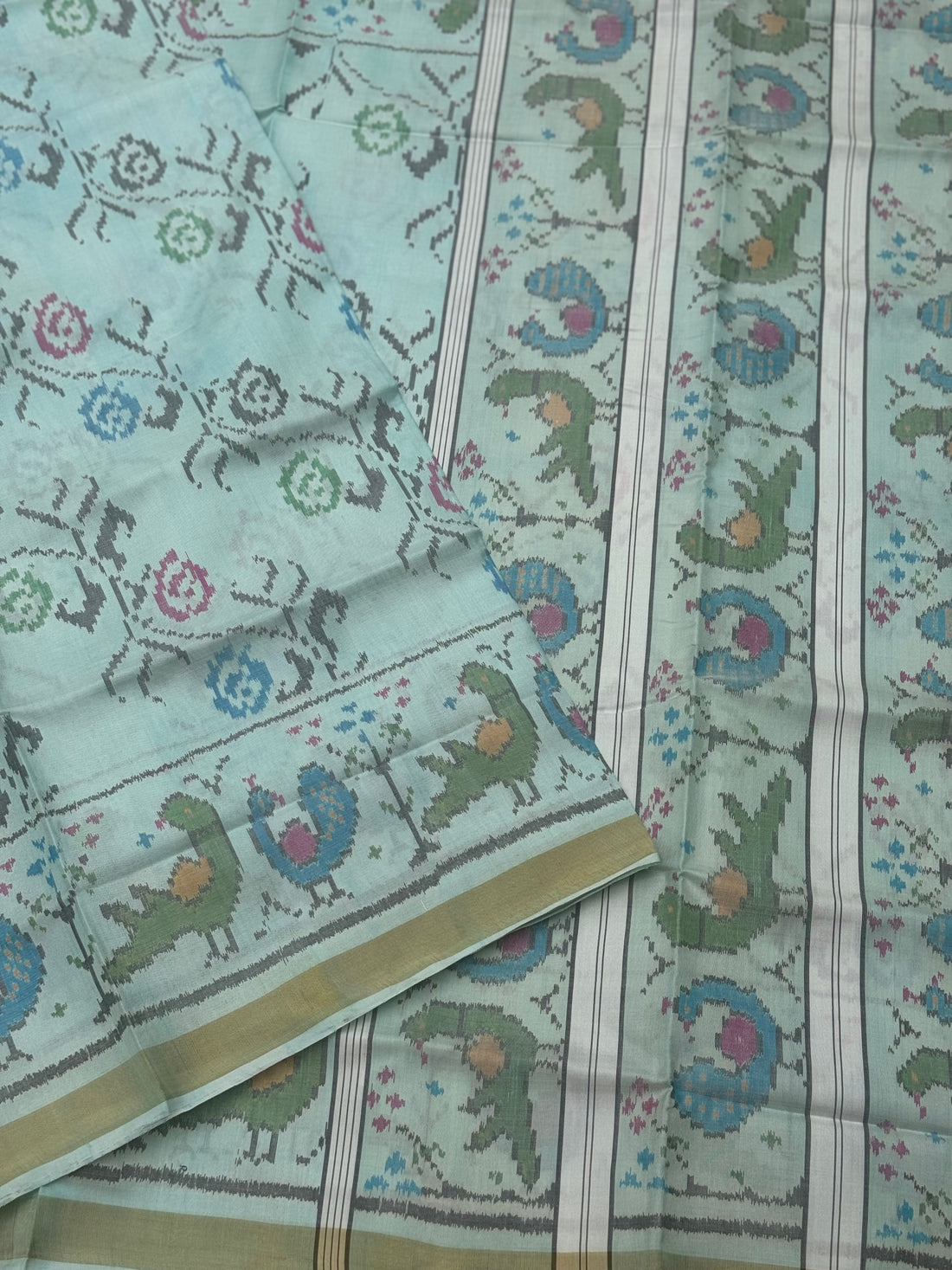 Handwoven Rajkot Patola Single Ikkat Silk Saree in beautiful mint green shade