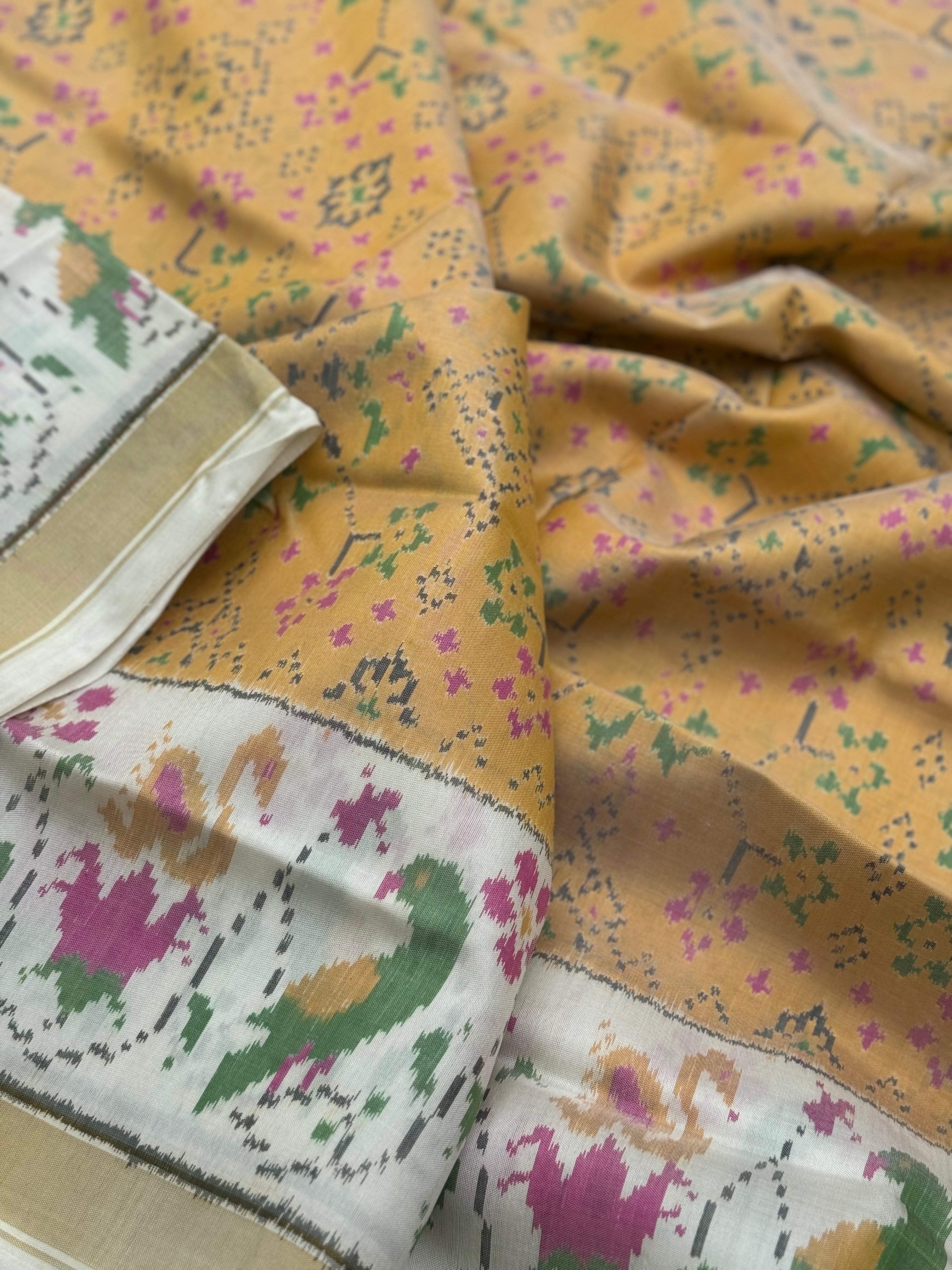 muted gold with ivory Patola single ikkat silk saree