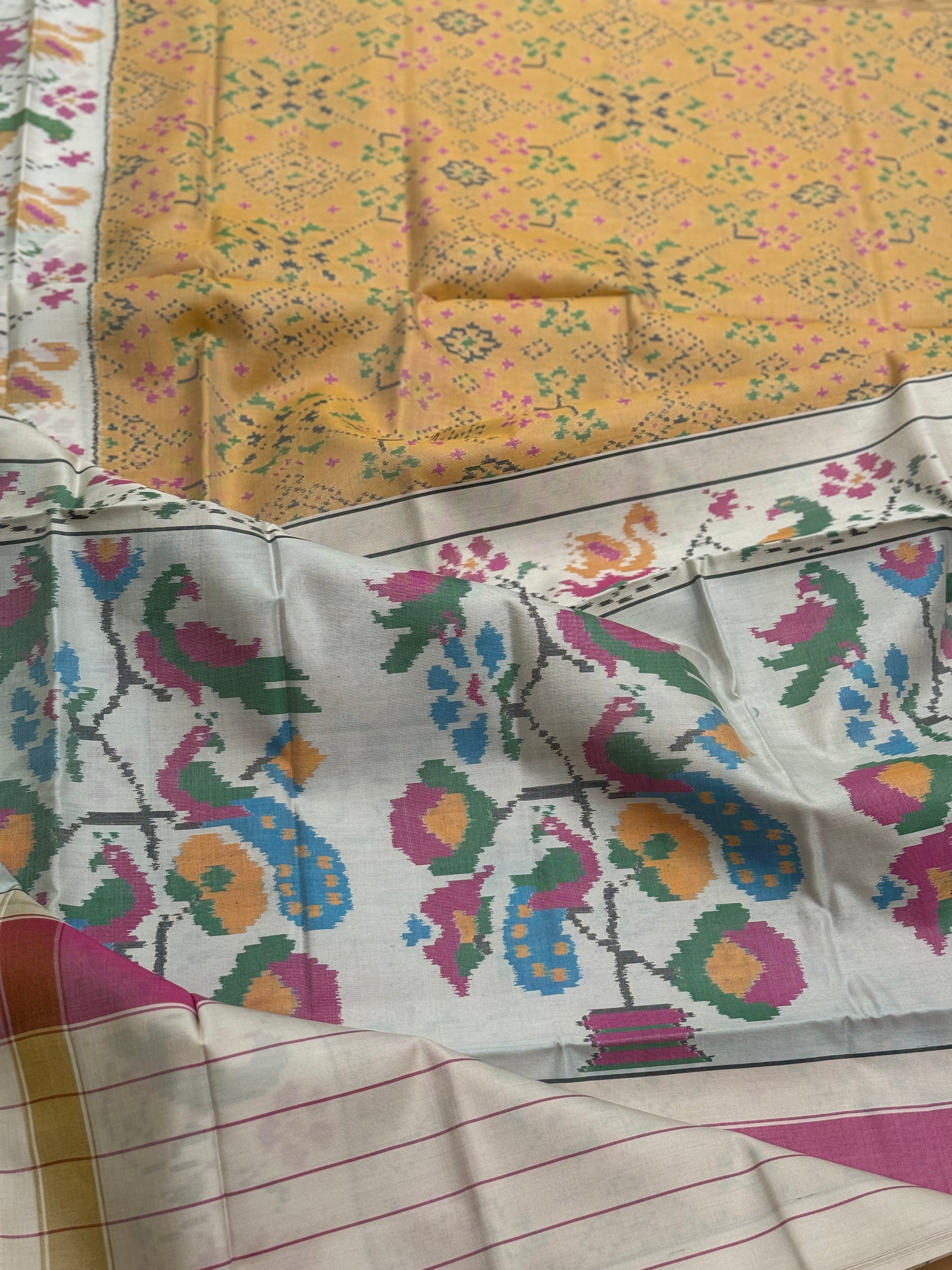 muted gold with ivory Patola single ikkat silk saree