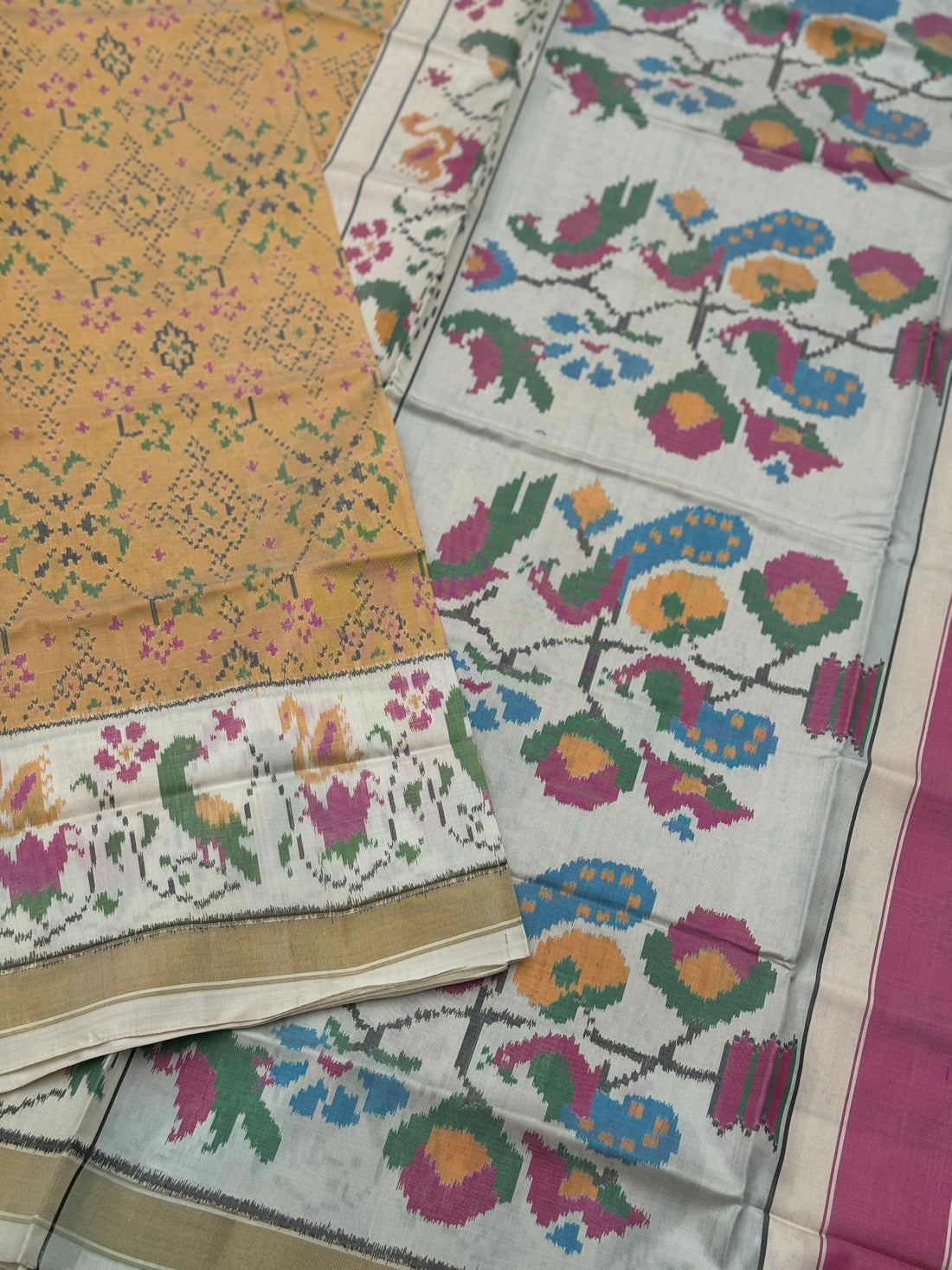 muted gold with ivory Patola single ikkat silk saree