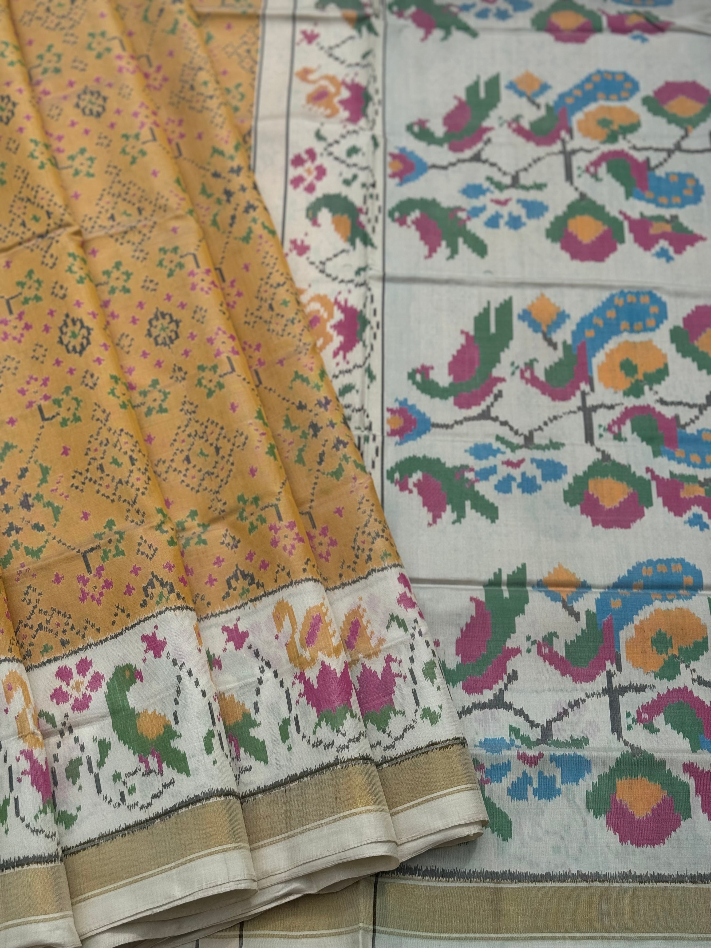 muted gold with ivory Patola single ikkat silk saree