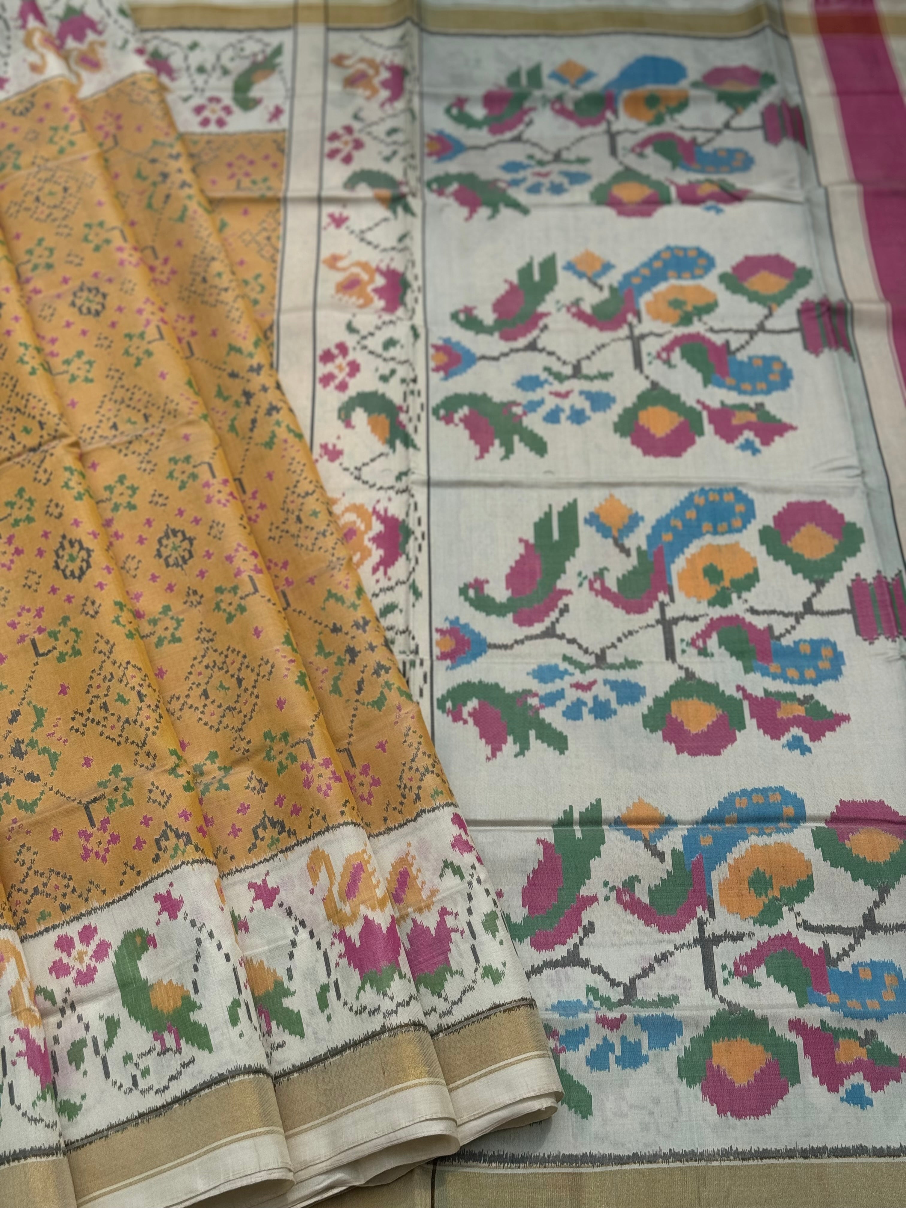 muted gold with ivory Patola single ikkat silk saree