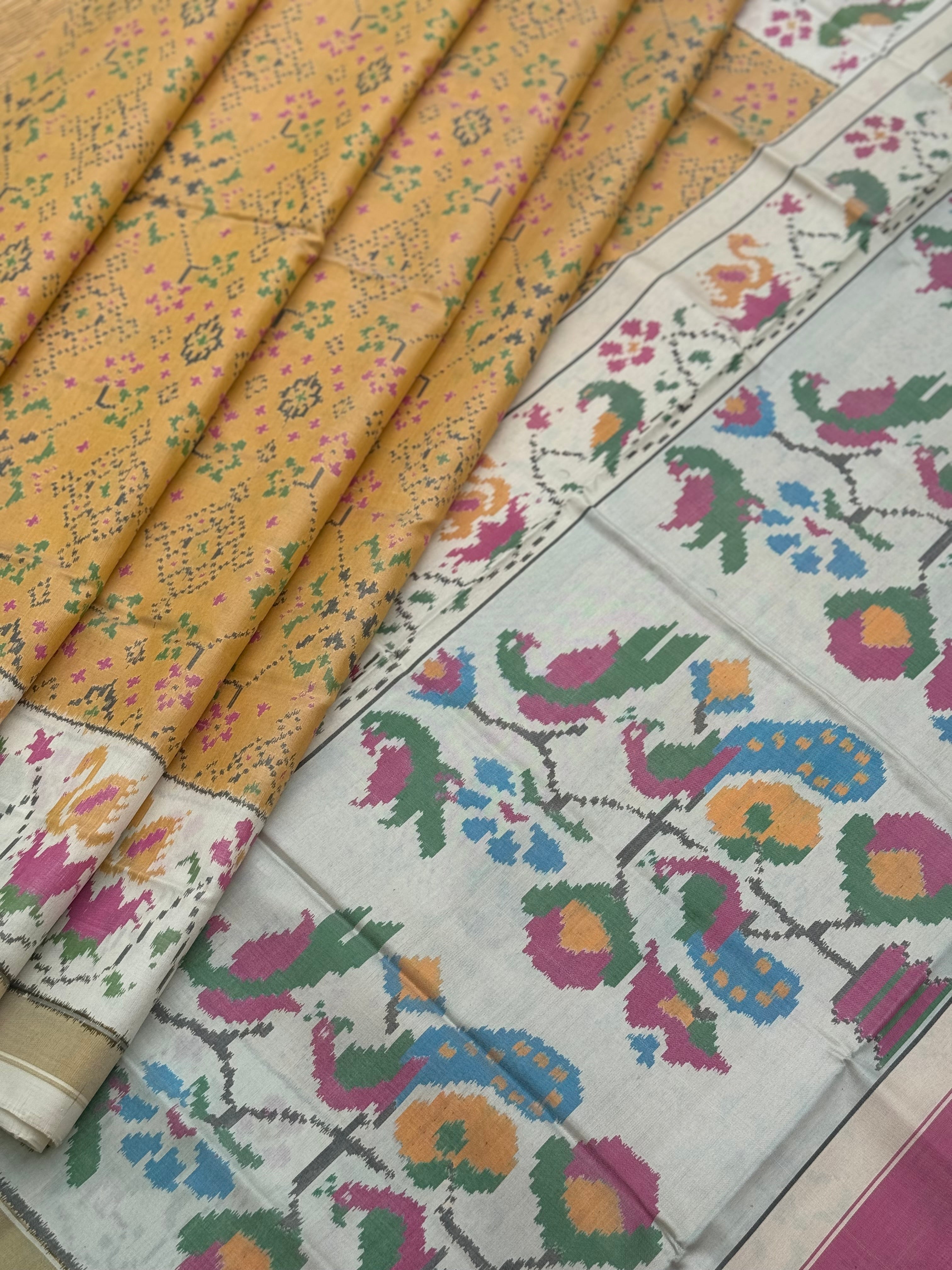 muted gold with ivory Patola single ikkat silk saree