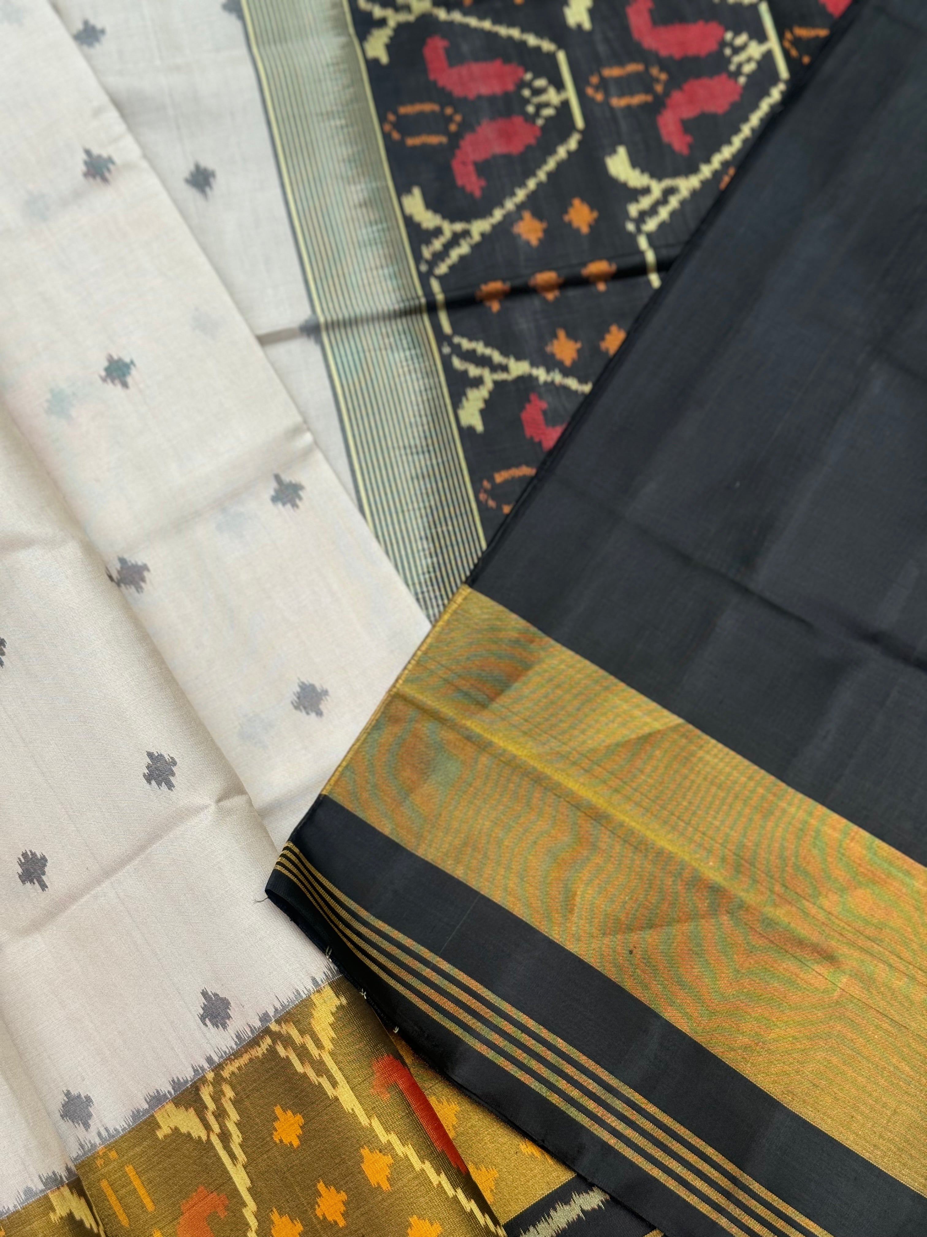 Ivory with black Patola single ikkat silk saree