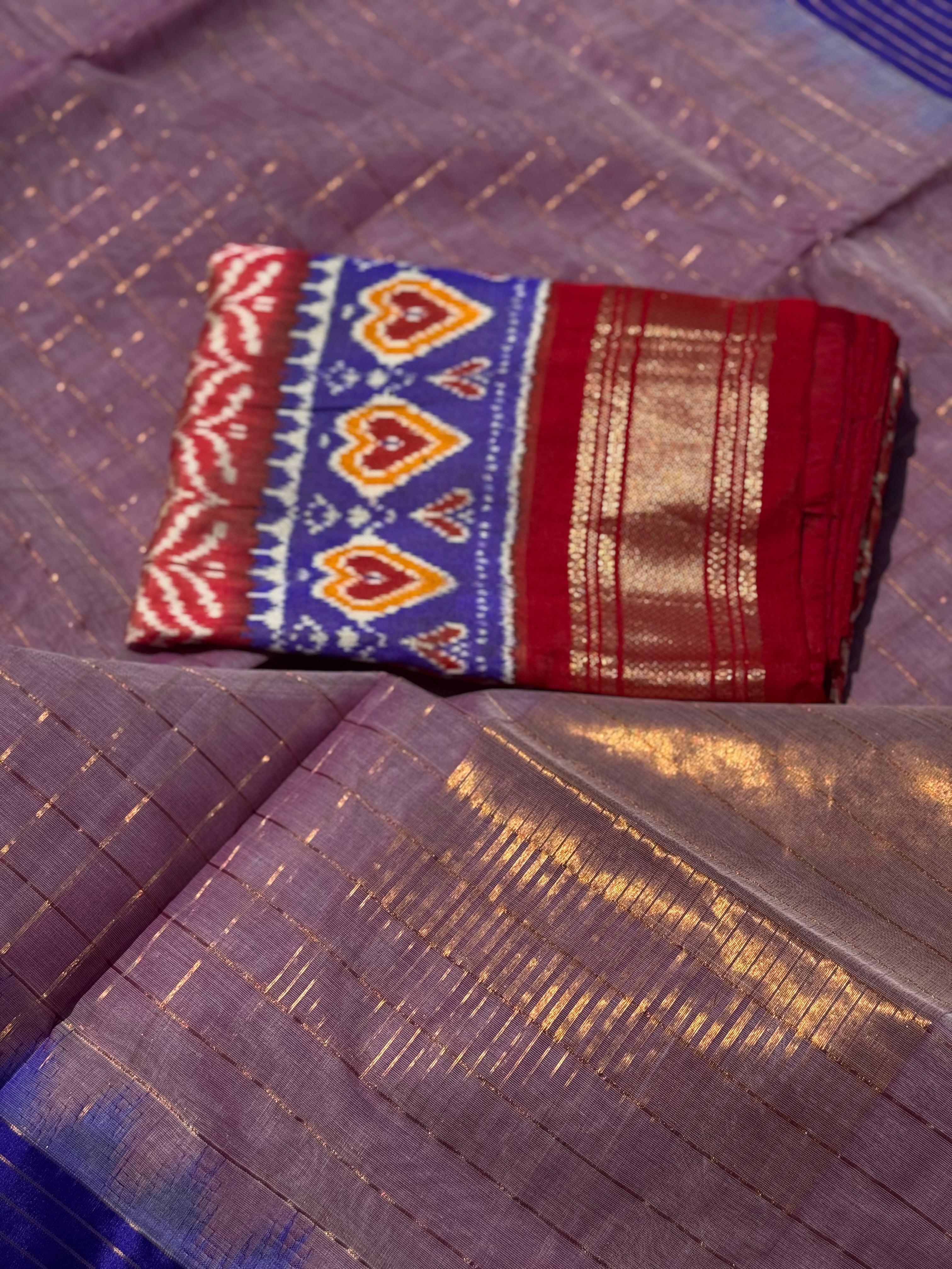 Handspun and handwoven ponduru Khadhi cotton saree with zari checks