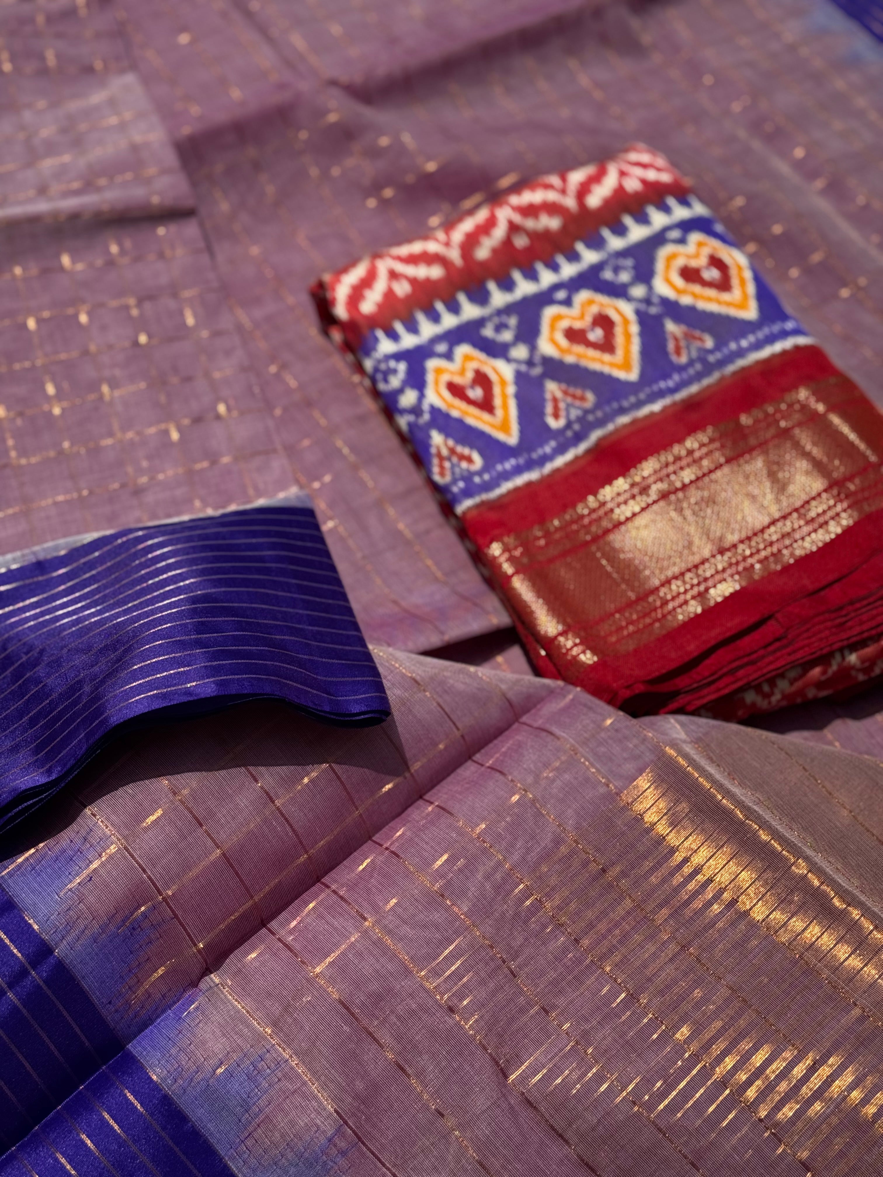 Handspun and handwoven ponduru Khadhi cotton saree with zari checks