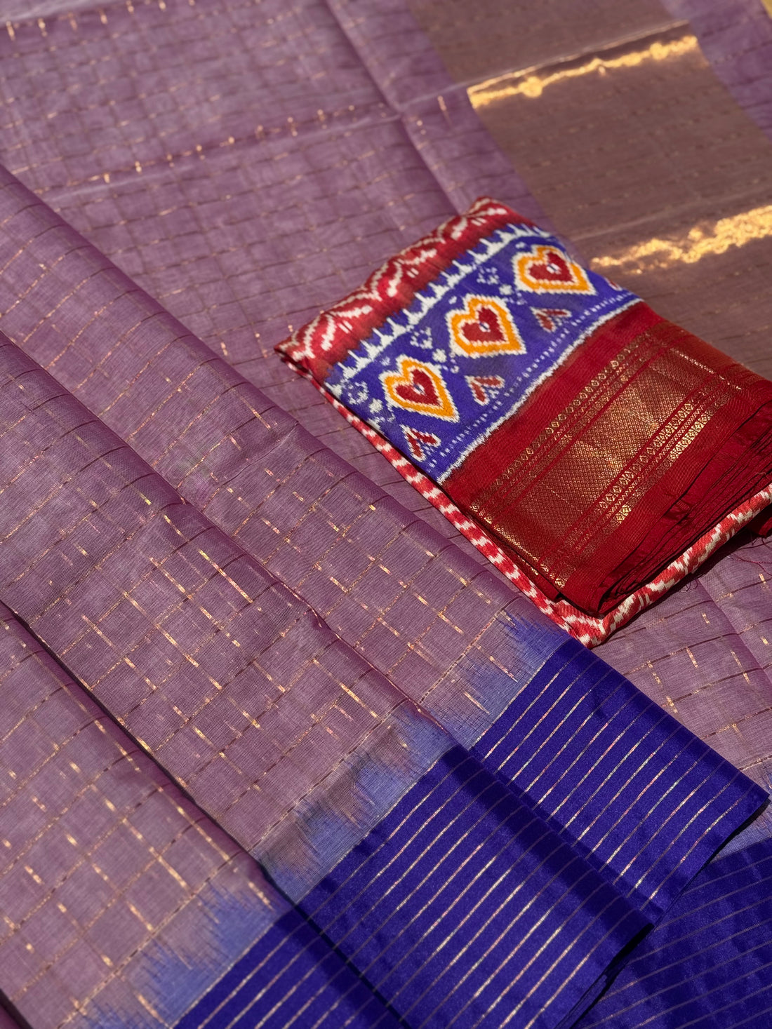 Handspun and handwoven ponduru Khadhi cotton saree with zari checks