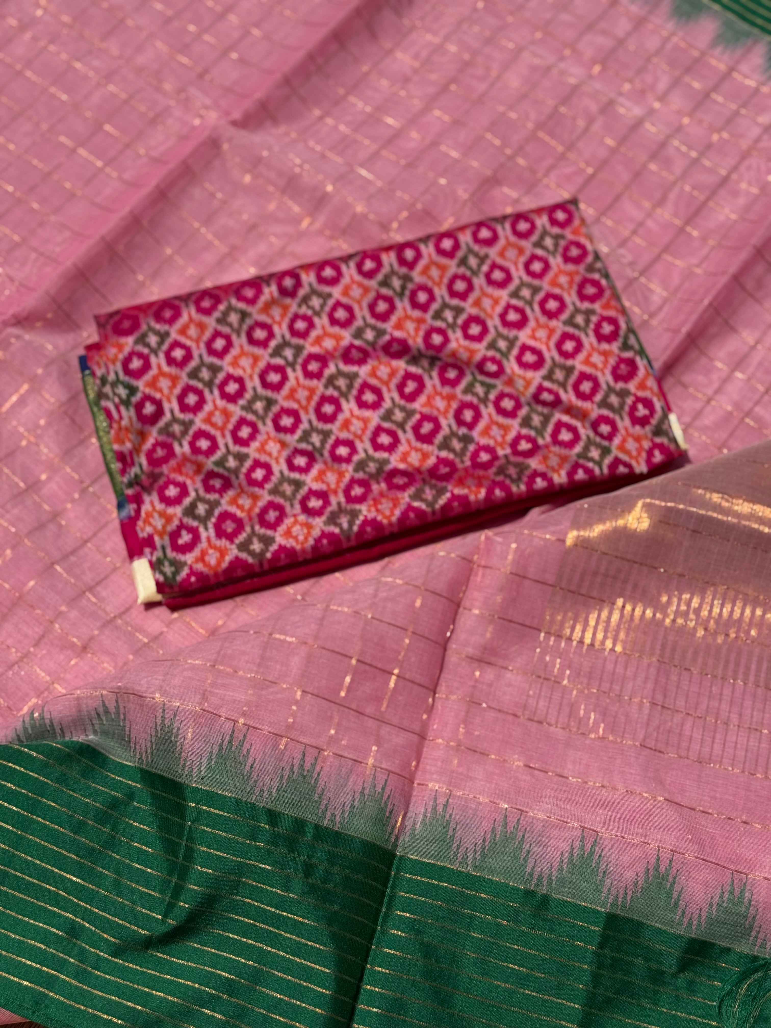 Handspun and handwoven ponduru Khadhi cotton saree with zari checks