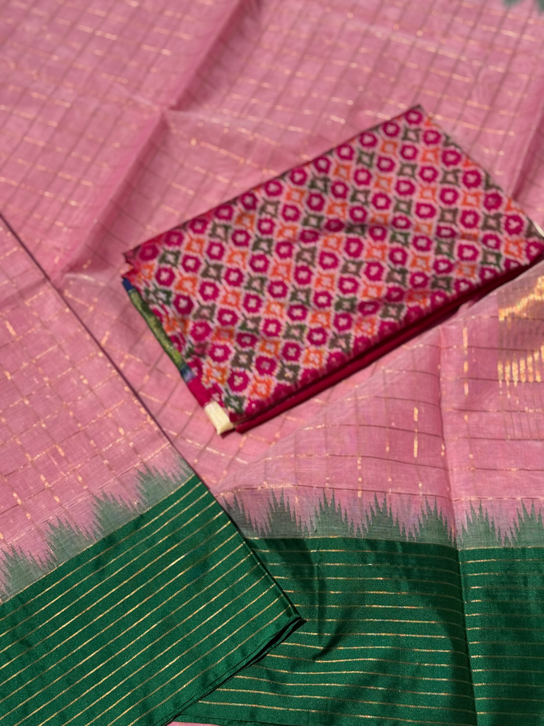 Handspun and handwoven ponduru Khadhi cotton saree with zari checks