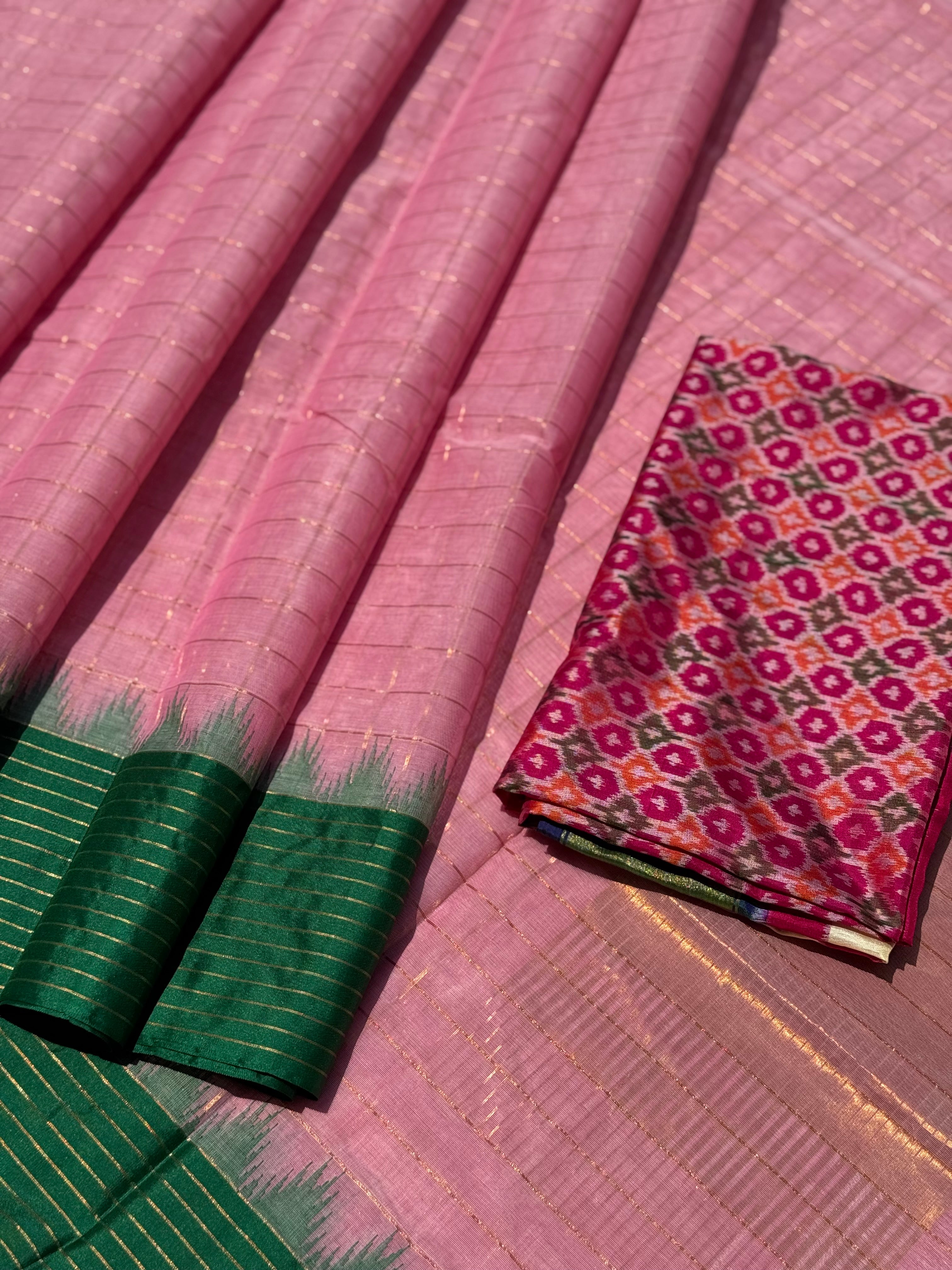Handspun and handwoven ponduru Khadhi cotton saree with zari checks