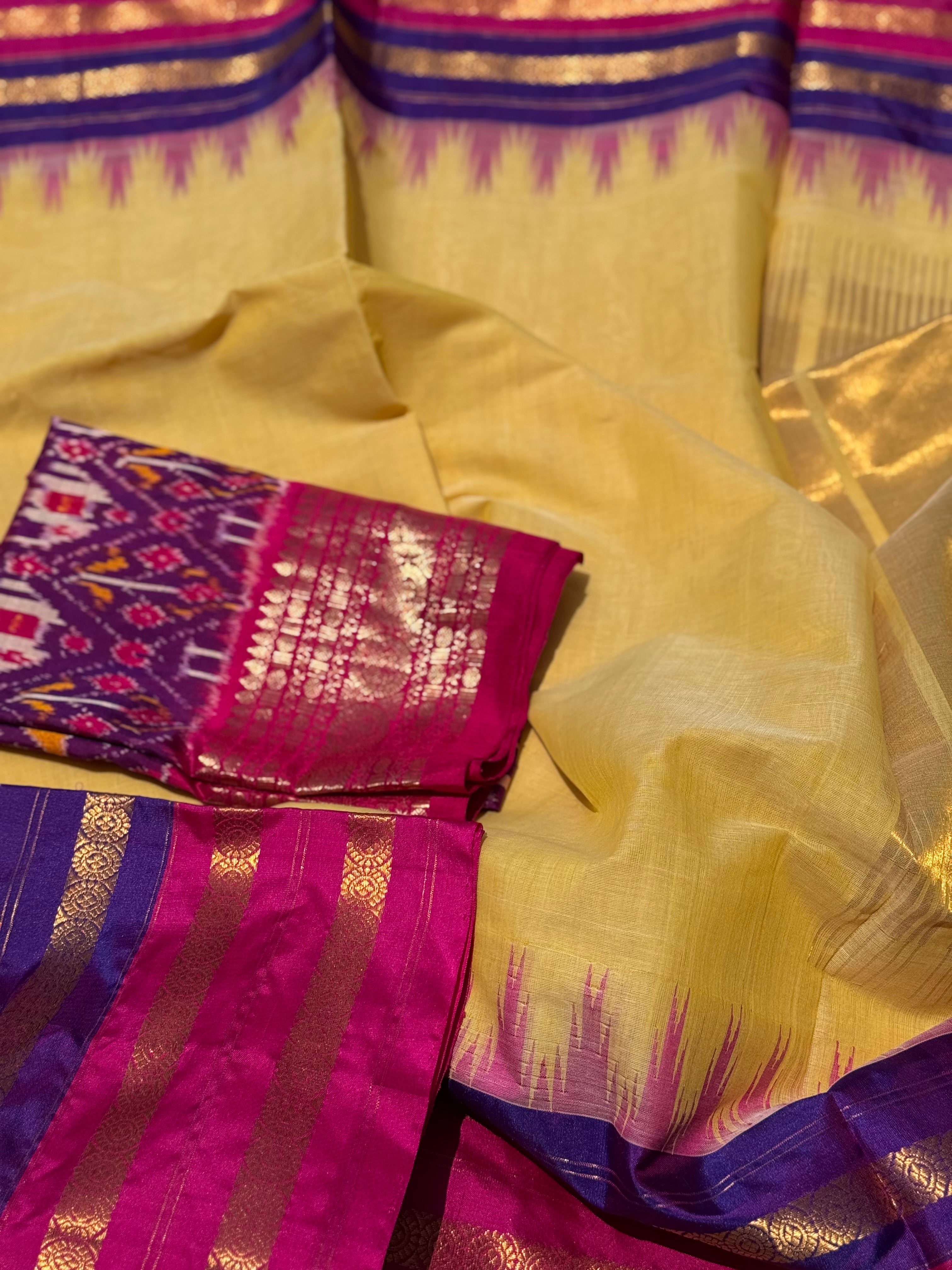 Handspun and handwoven ponduru Khadhi cotton saree with silk dobby border in contrast pink with purple