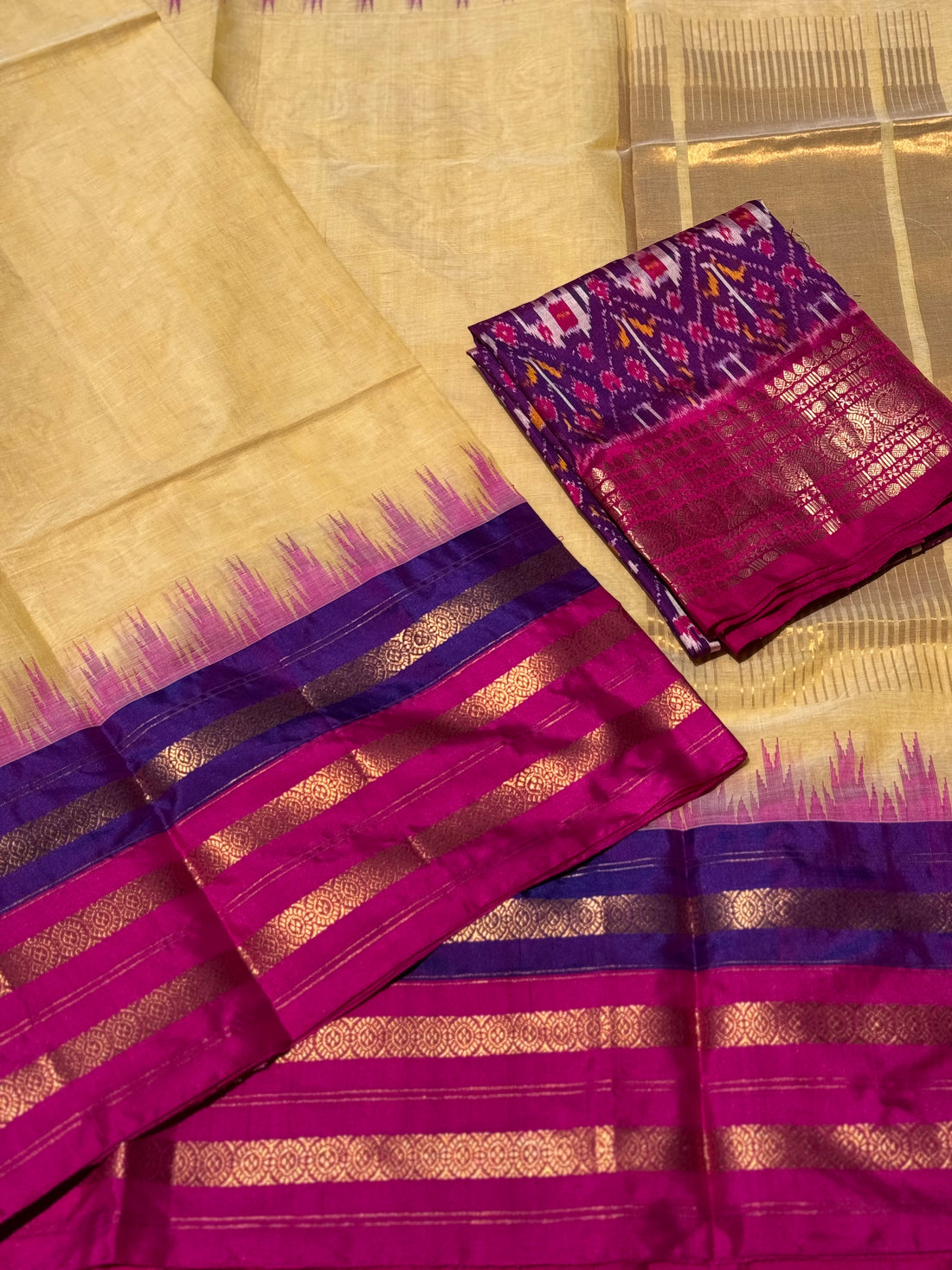 Handspun and handwoven ponduru Khadhi cotton saree with silk dobby border in contrast pink with purple