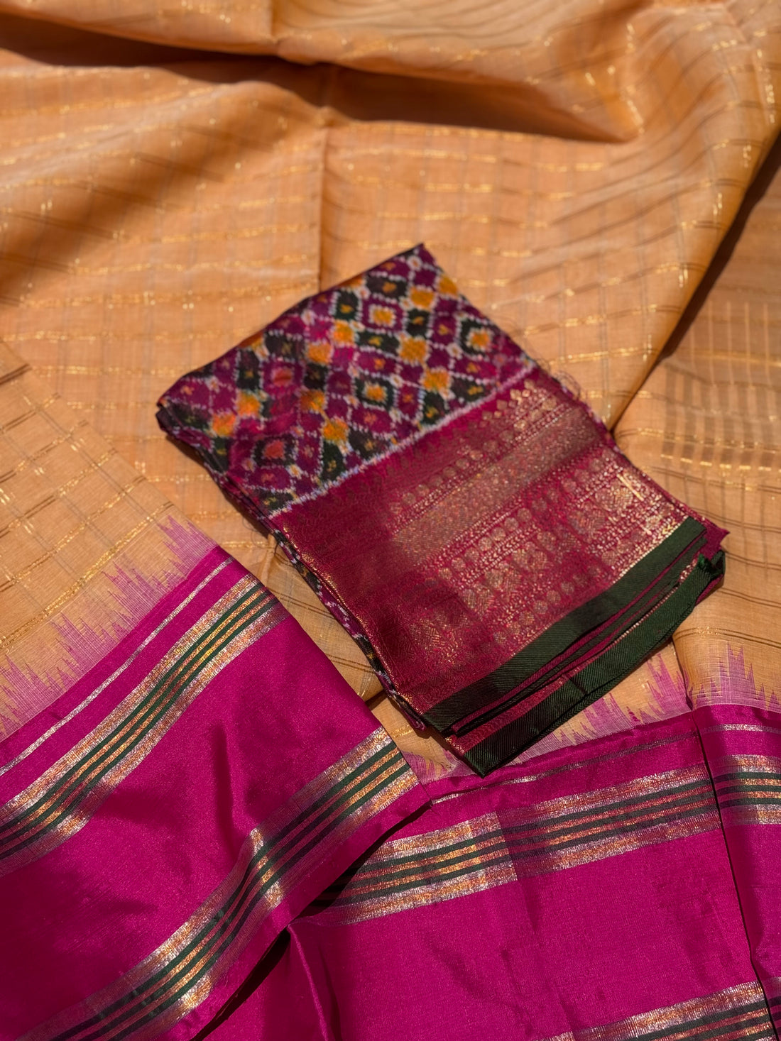 Handspun and handwoven ponduru Khadhi cotton saree with zari checks