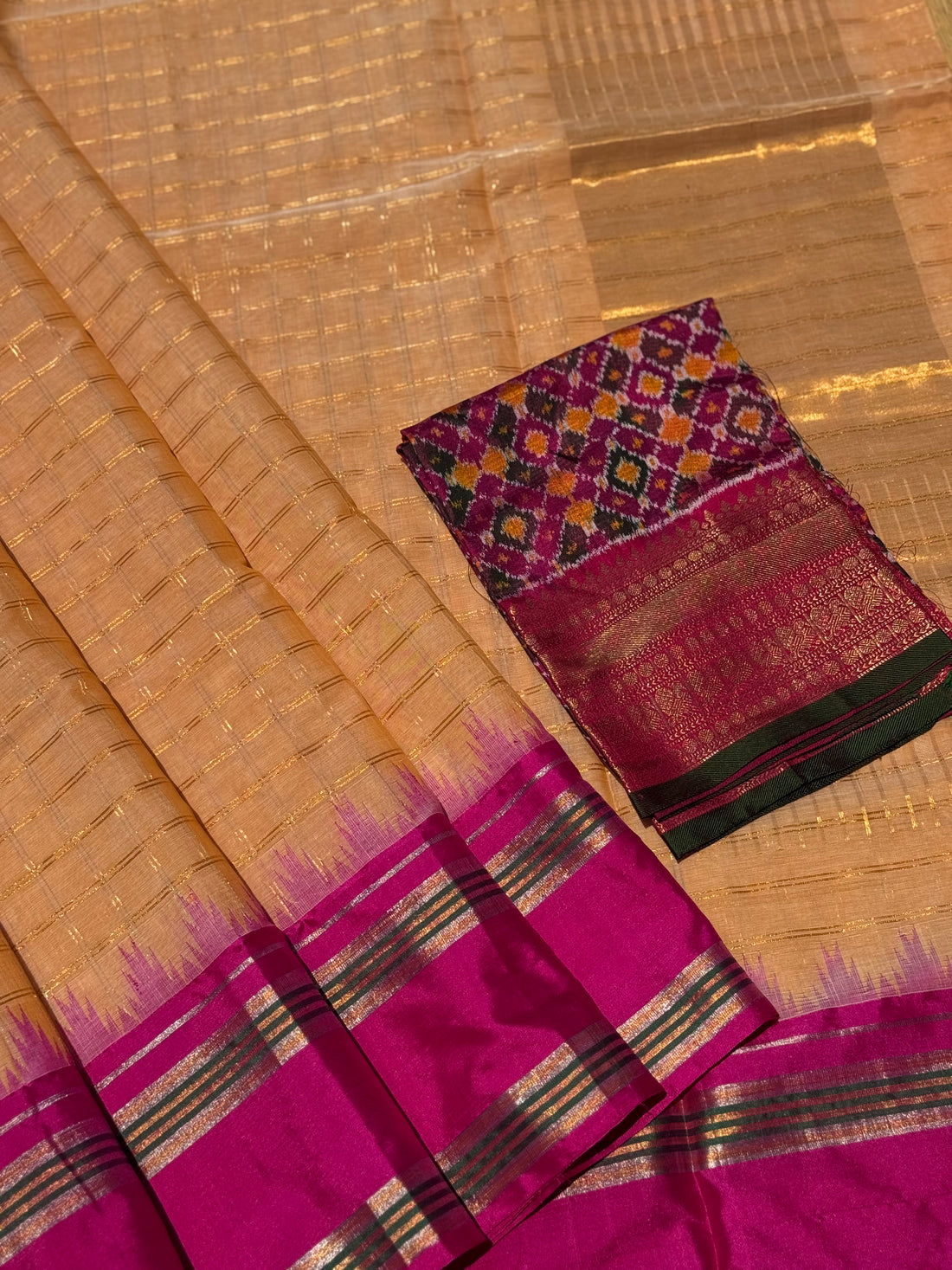 Handspun and handwoven ponduru Khadhi cotton saree with zari checks