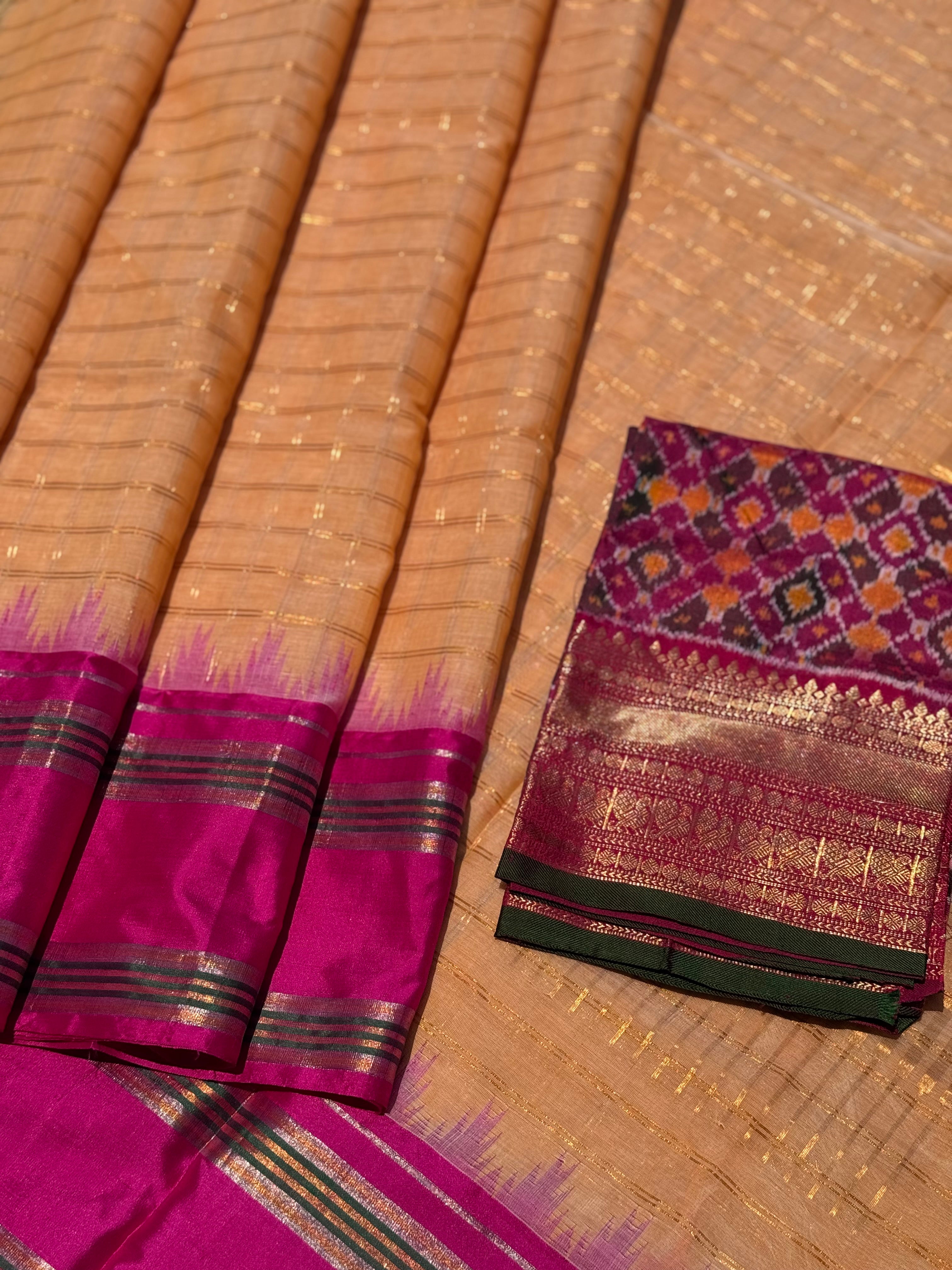 Handspun and handwoven ponduru Khadhi cotton saree with zari checks