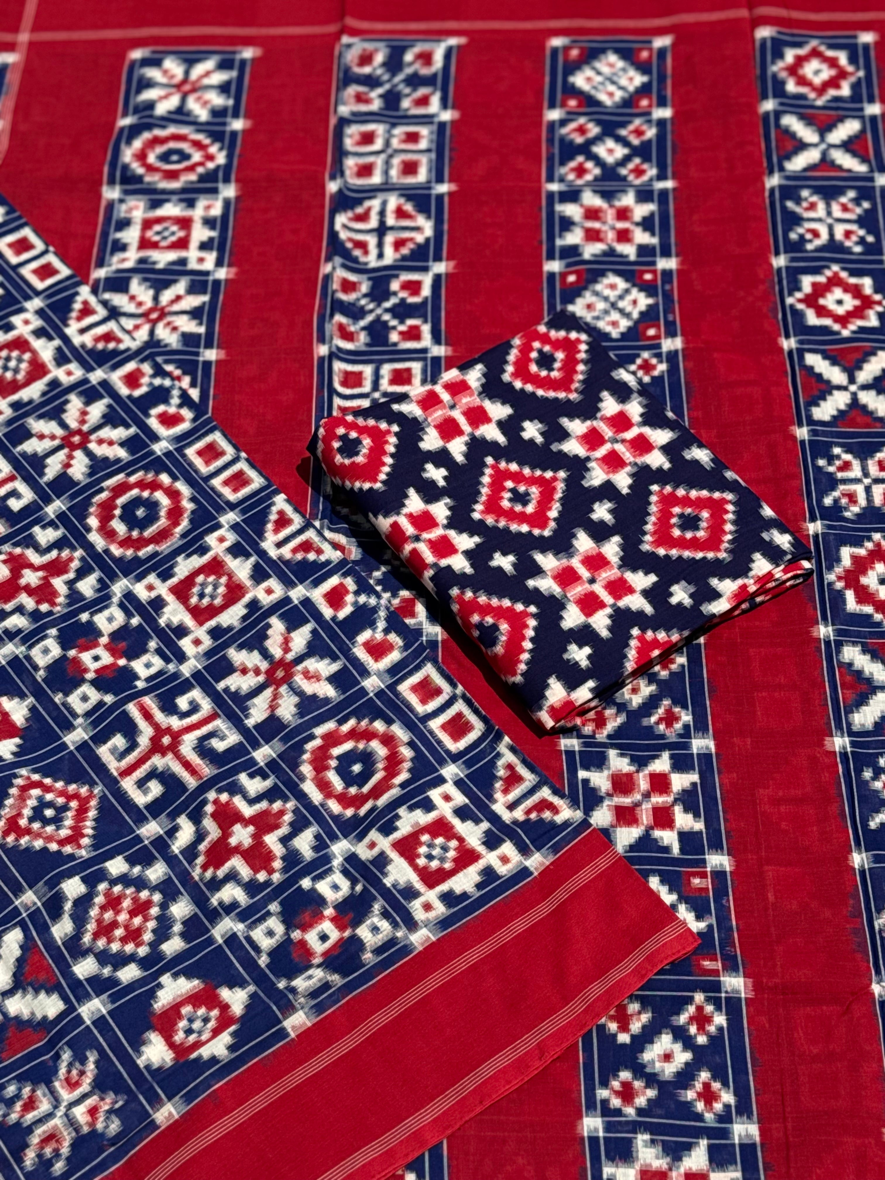 Handwoven tie dyed 18 motif Telia Rumal double ikkat cotton saree