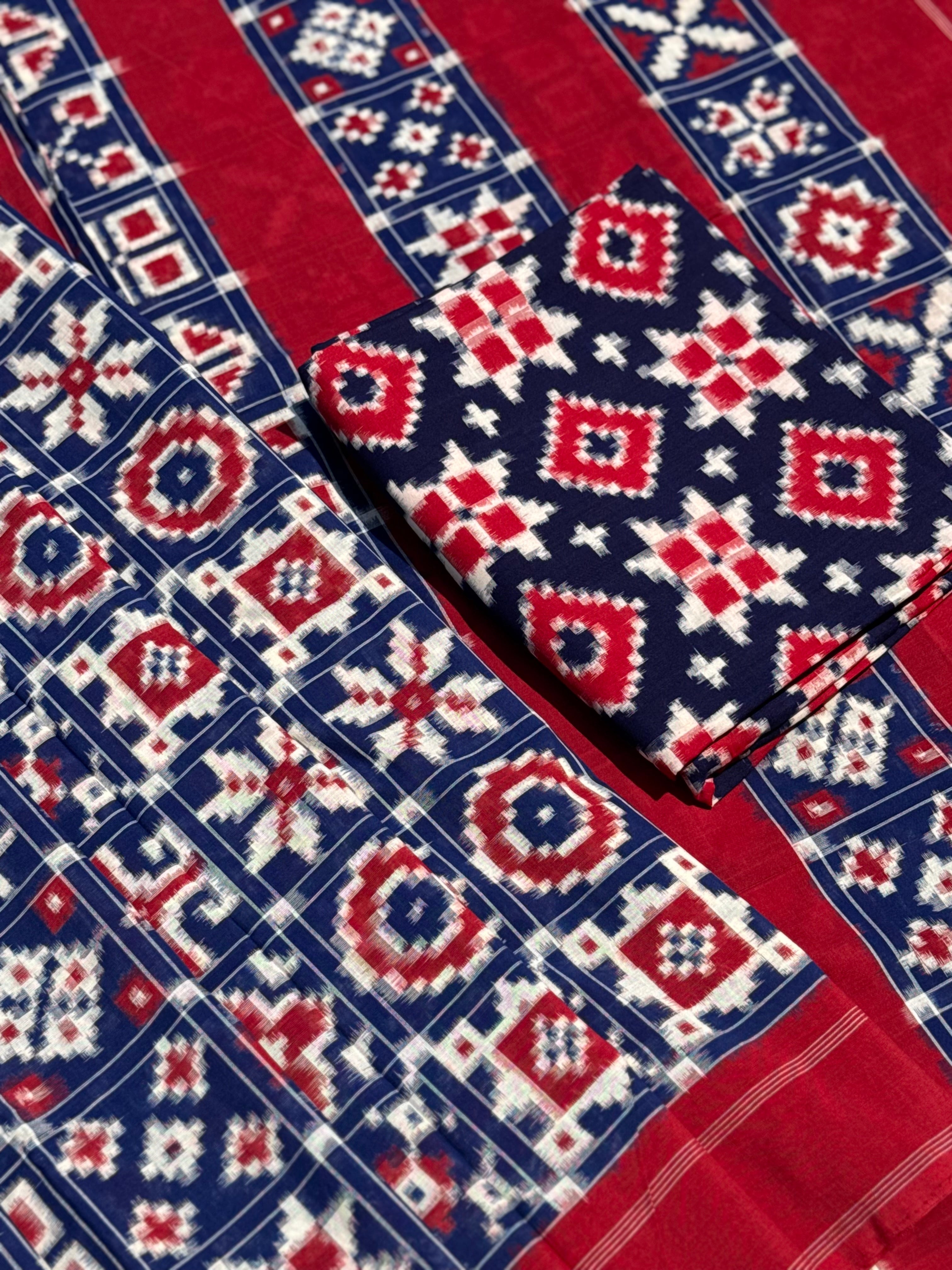 Handwoven tie dyed 18 motif Telia Rumal double ikkat cotton saree