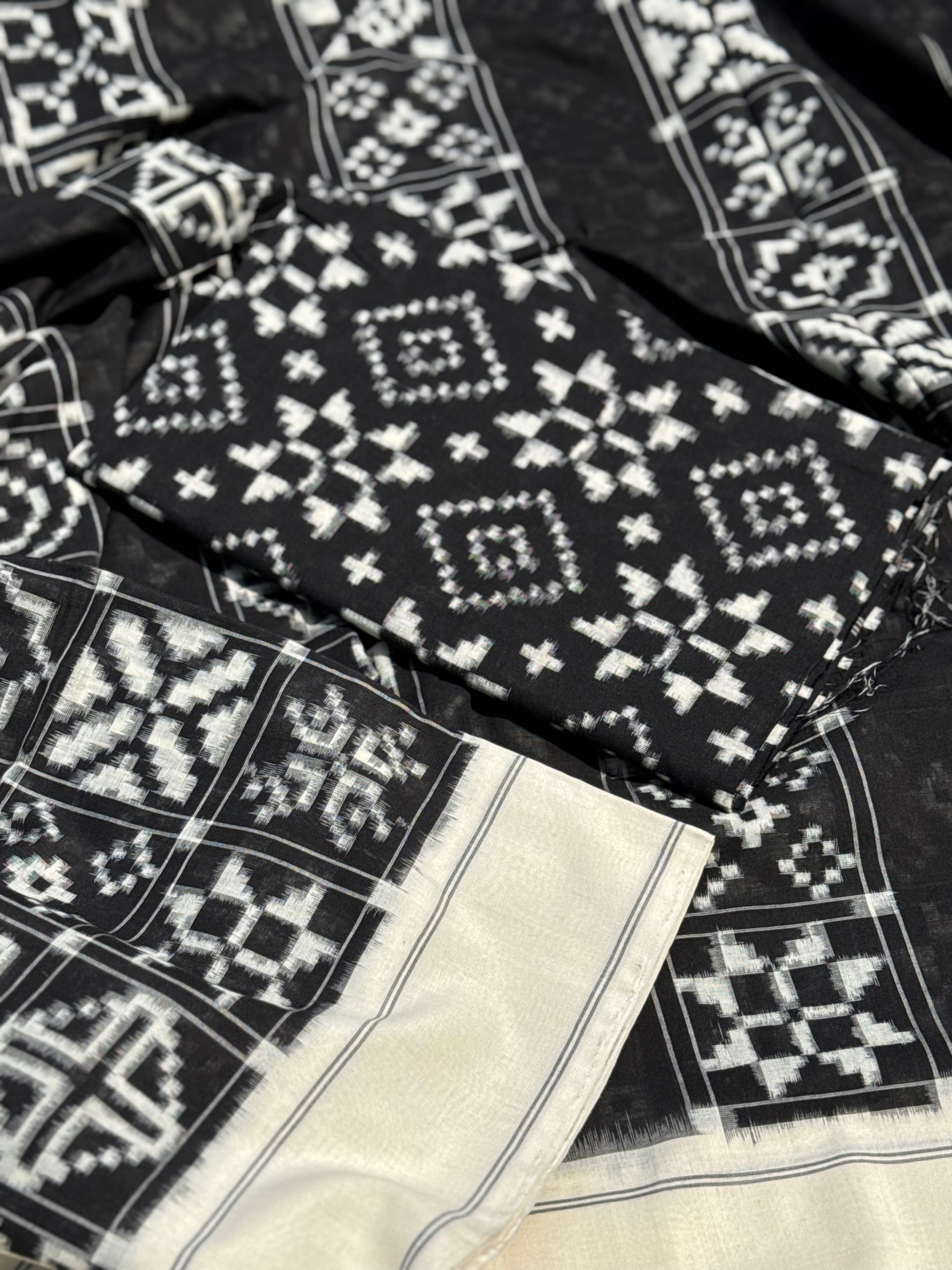 Handwoven tie dyed 9 motif Telia Rumal double ikkat cotton saree