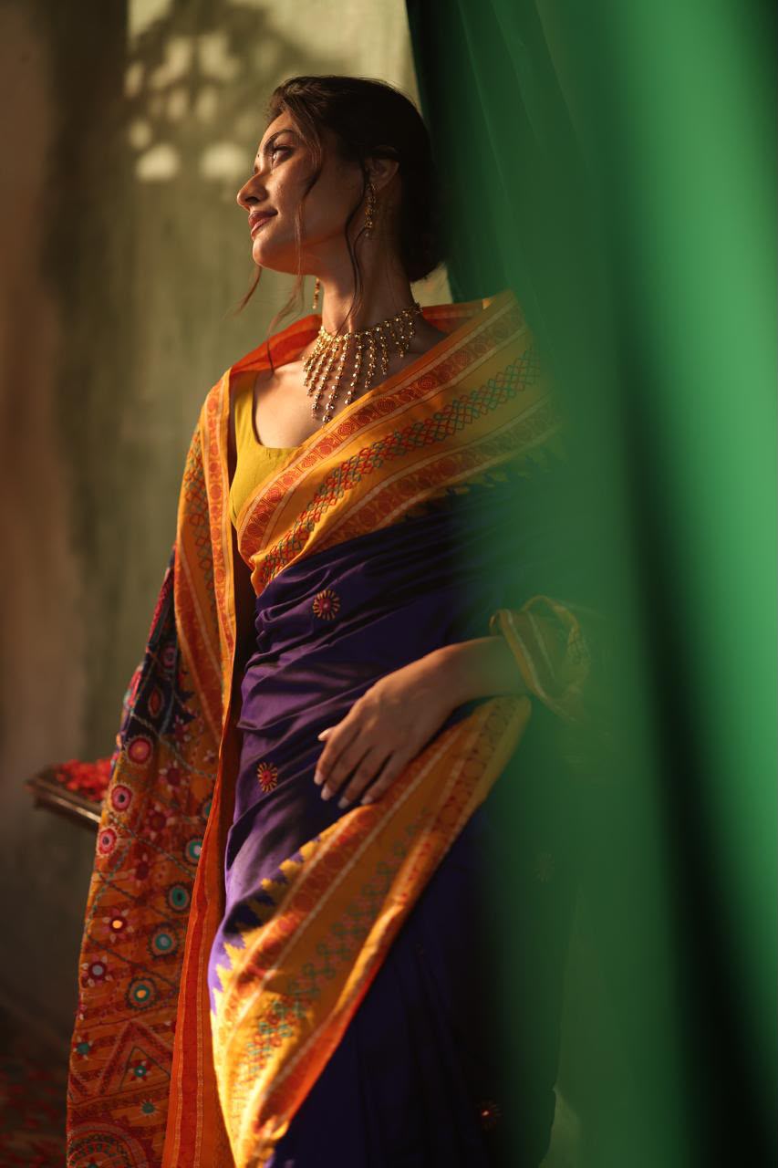 Exclusive masterpiece Kanchivaram korvai silk saree with hand embroidery lambani work