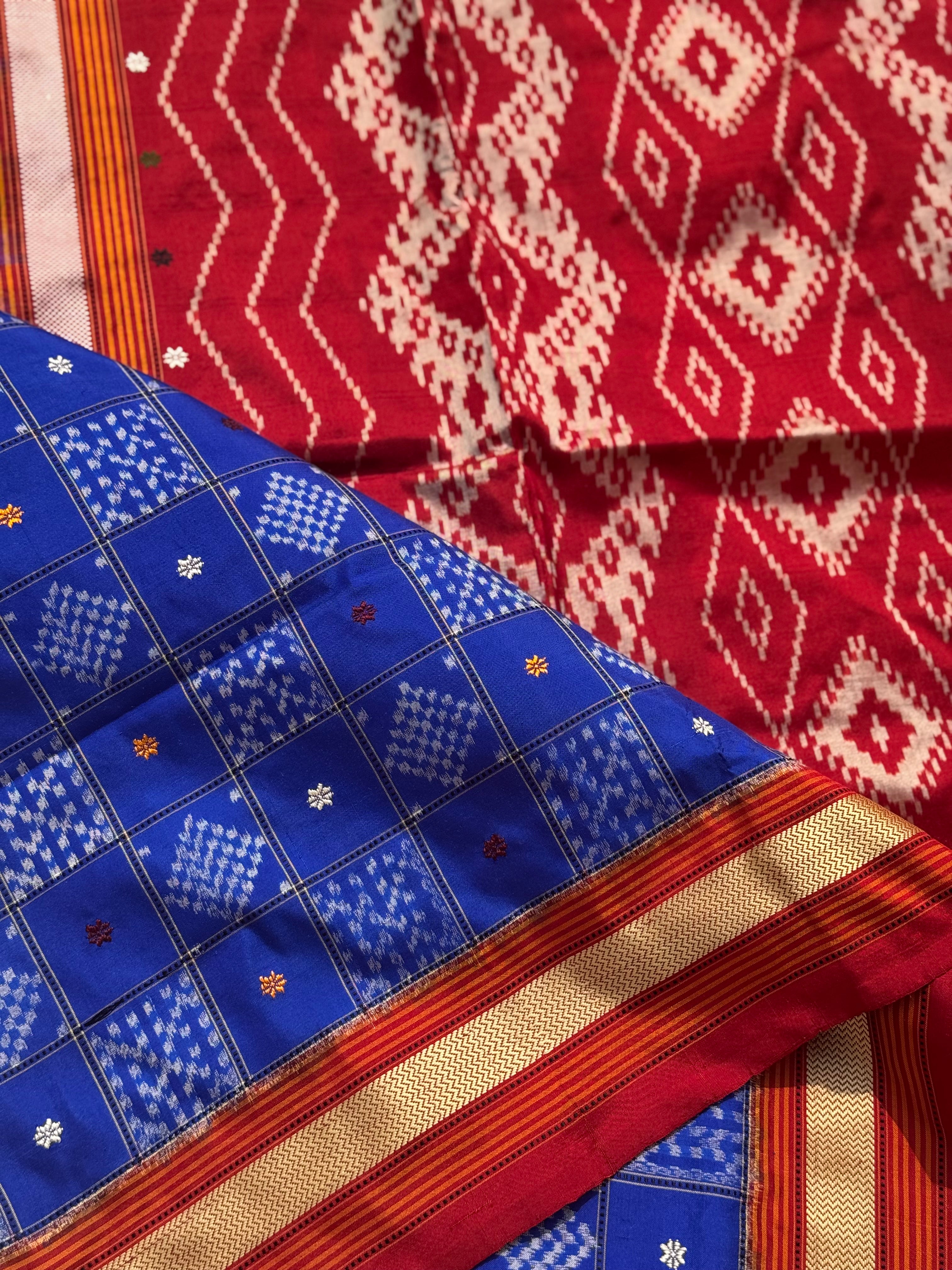 A royal blue shade revival vintage recreated masterpiece created by a national award winning masterweaver, a highly skilled craftsmanship silk ikkat saree