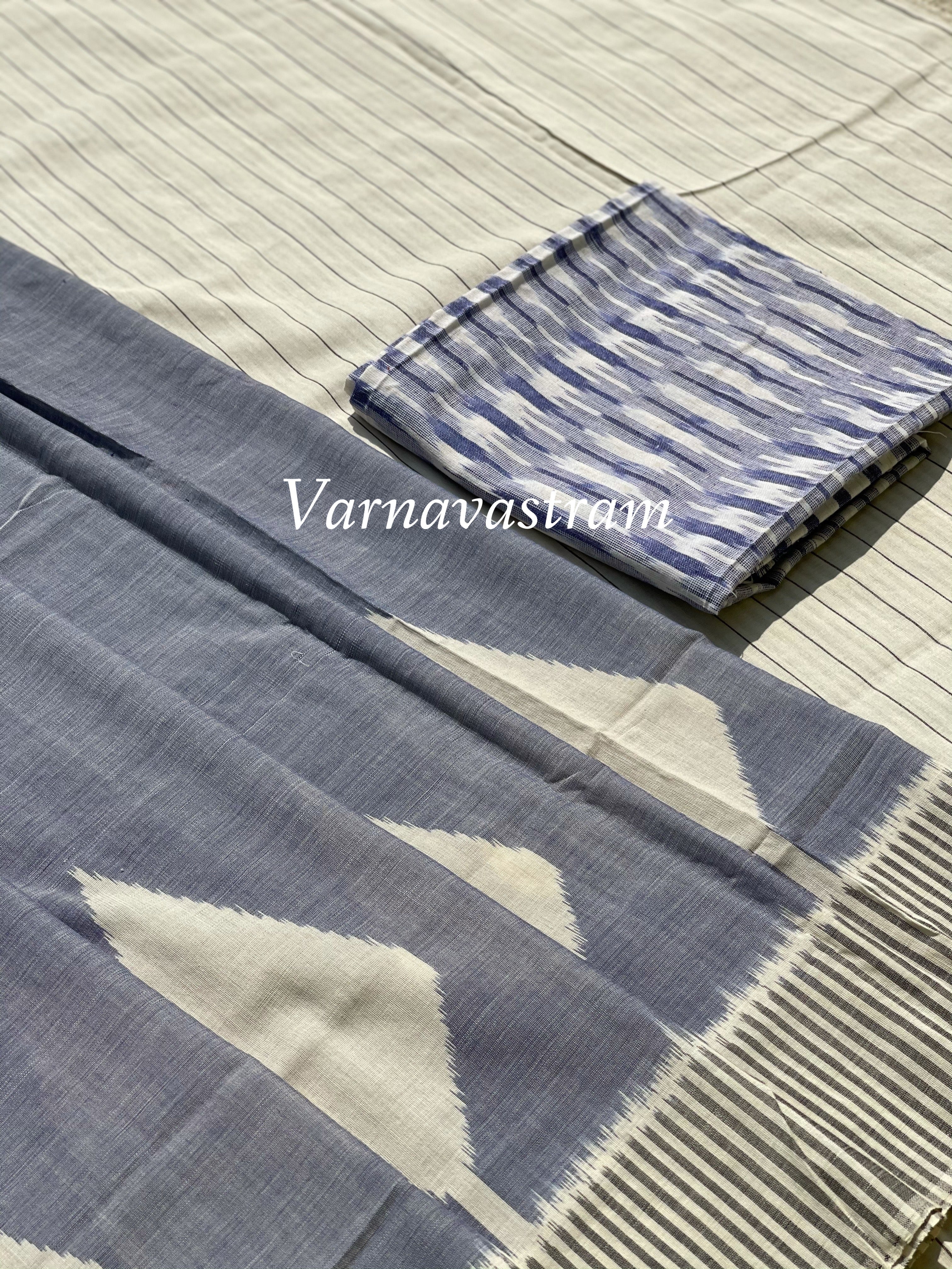 Gorgeous and contemporary powder blue with white weft ikkat cotton Saree