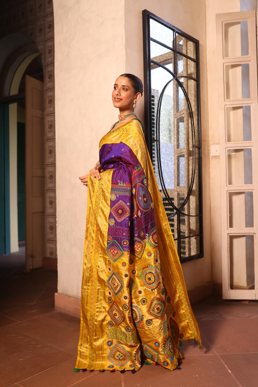 Lambani embroidery with mirror work crafted on pure korvai kanchivaram silk