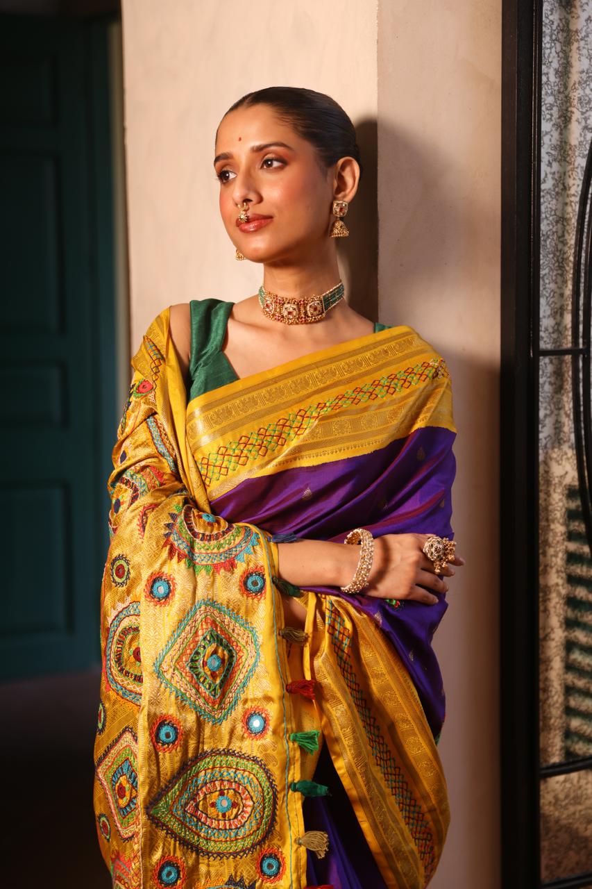 Lambani embroidery with mirror work crafted on pure korvai kanchivaram silk