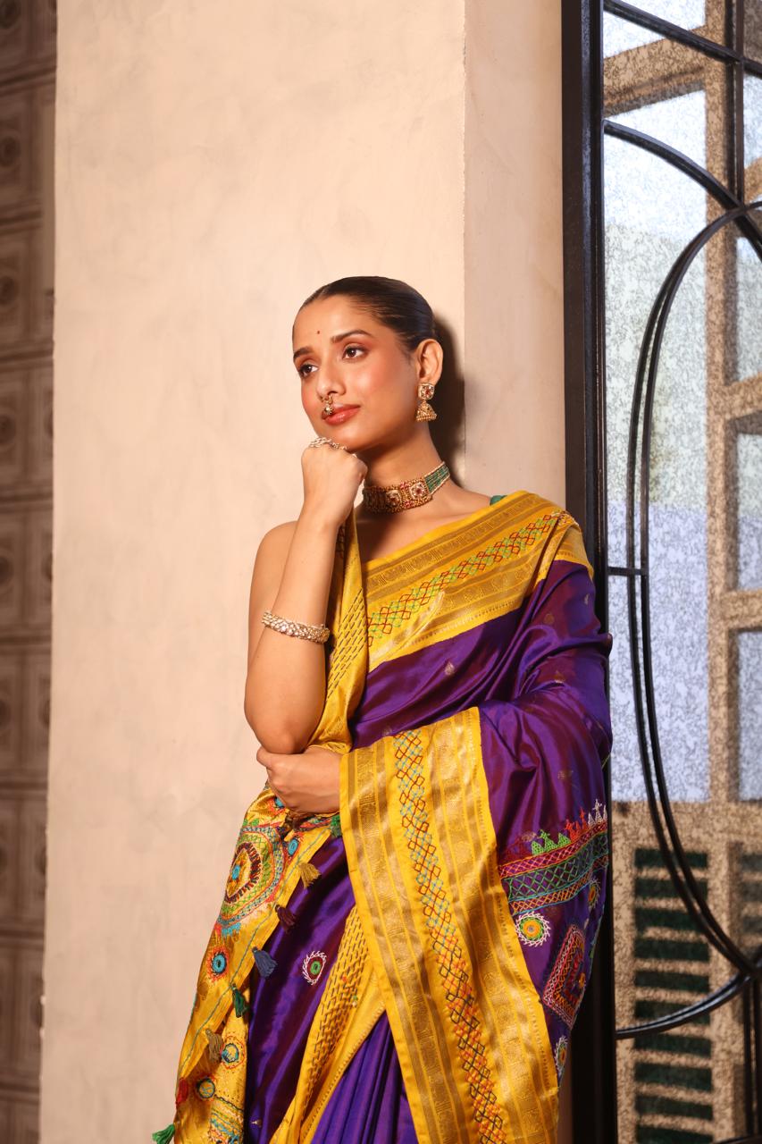 Lambani embroidery with mirror work crafted on pure korvai kanchivaram silk