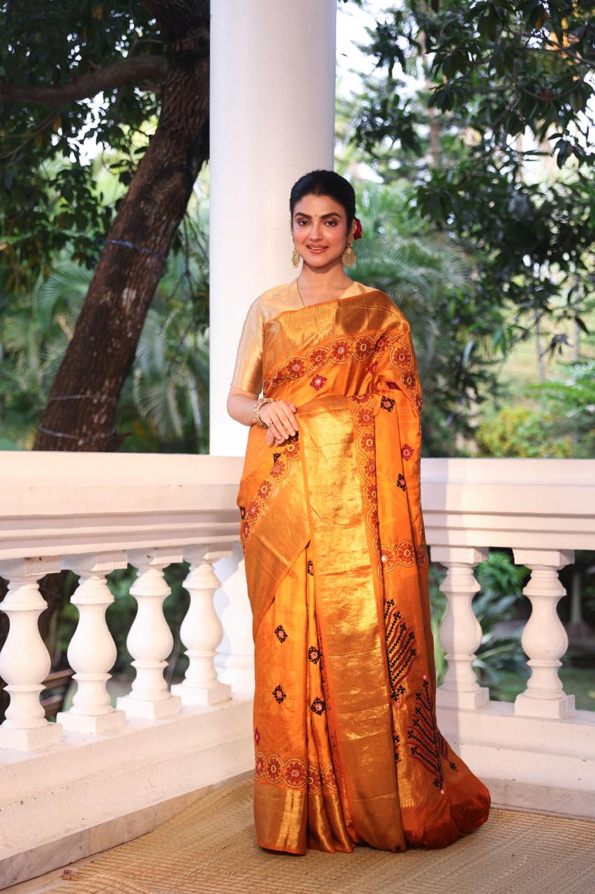 Molten gold shade NUI Shibori korvai kanchivaram silk saree with Katha handembroidery