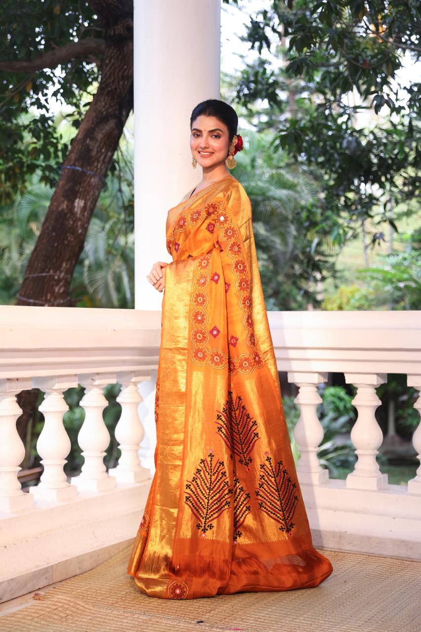 Molten gold shade NUI Shibori korvai kanchivaram silk saree with Katha handembroidery