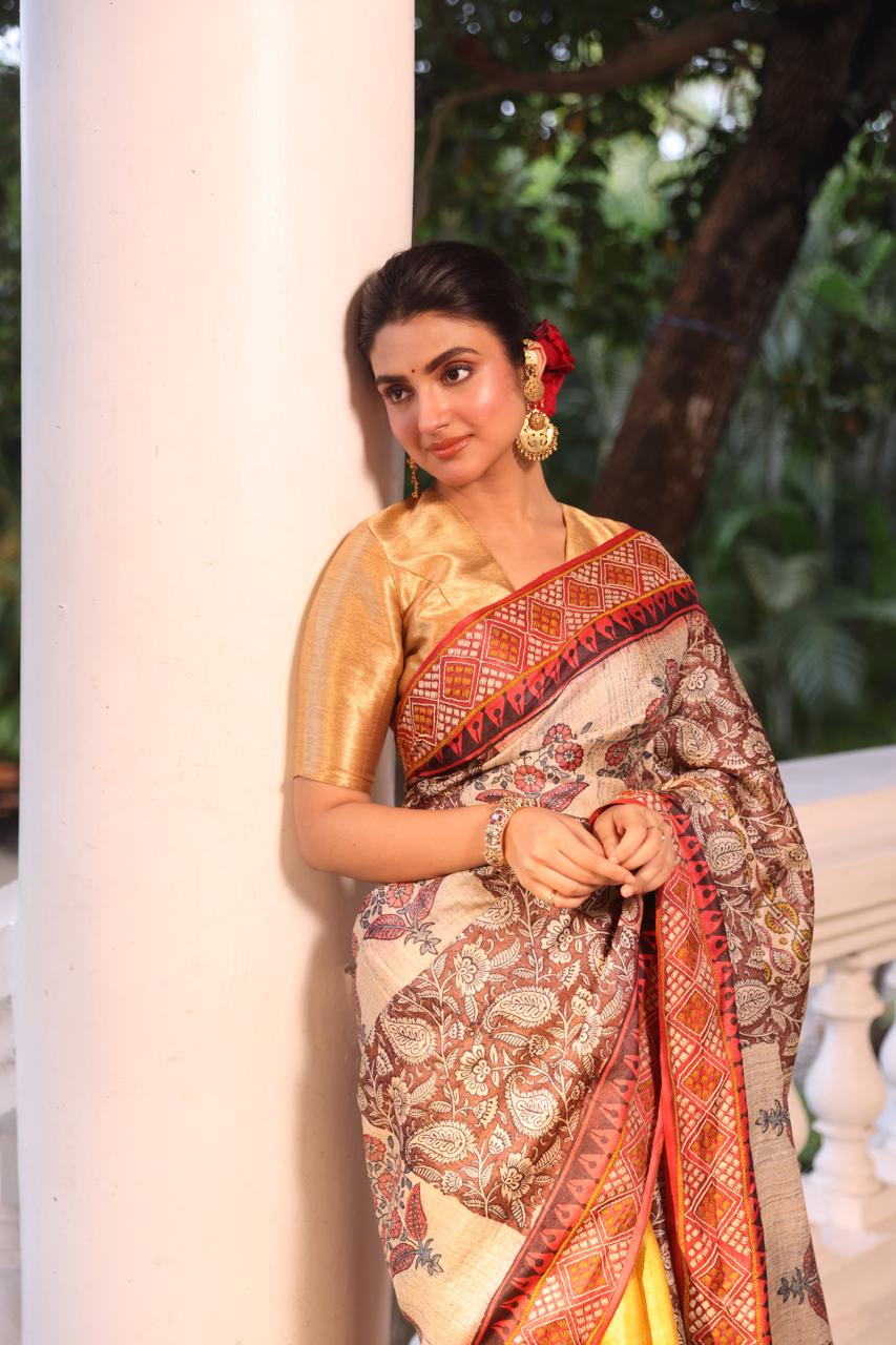 A stunner tussar by zari handwoven silk saree with Bagh handblock prints and handembroidery phulkari work
