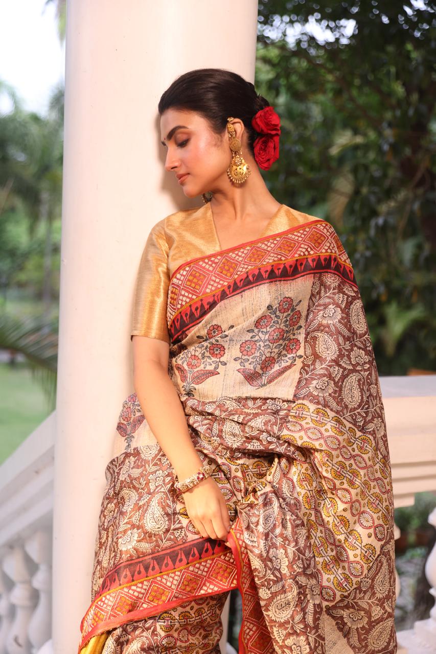 A stunner tussar by zari handwoven silk saree with Bagh handblock prints and handembroidery phulkari work