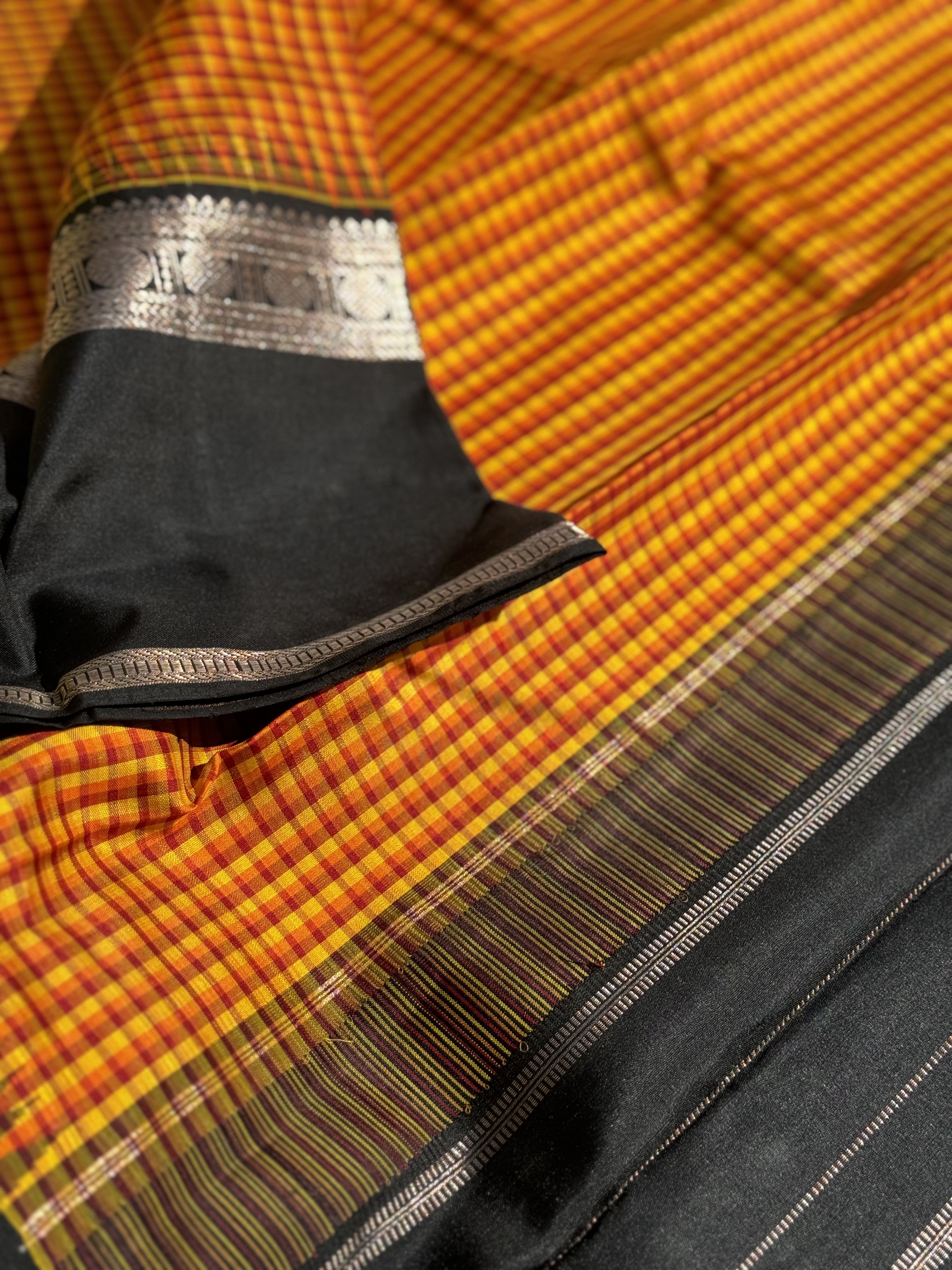 Handwoven Pure Arani Korvai Silk With Pattani kattam or pea checks in mustard yellow with black