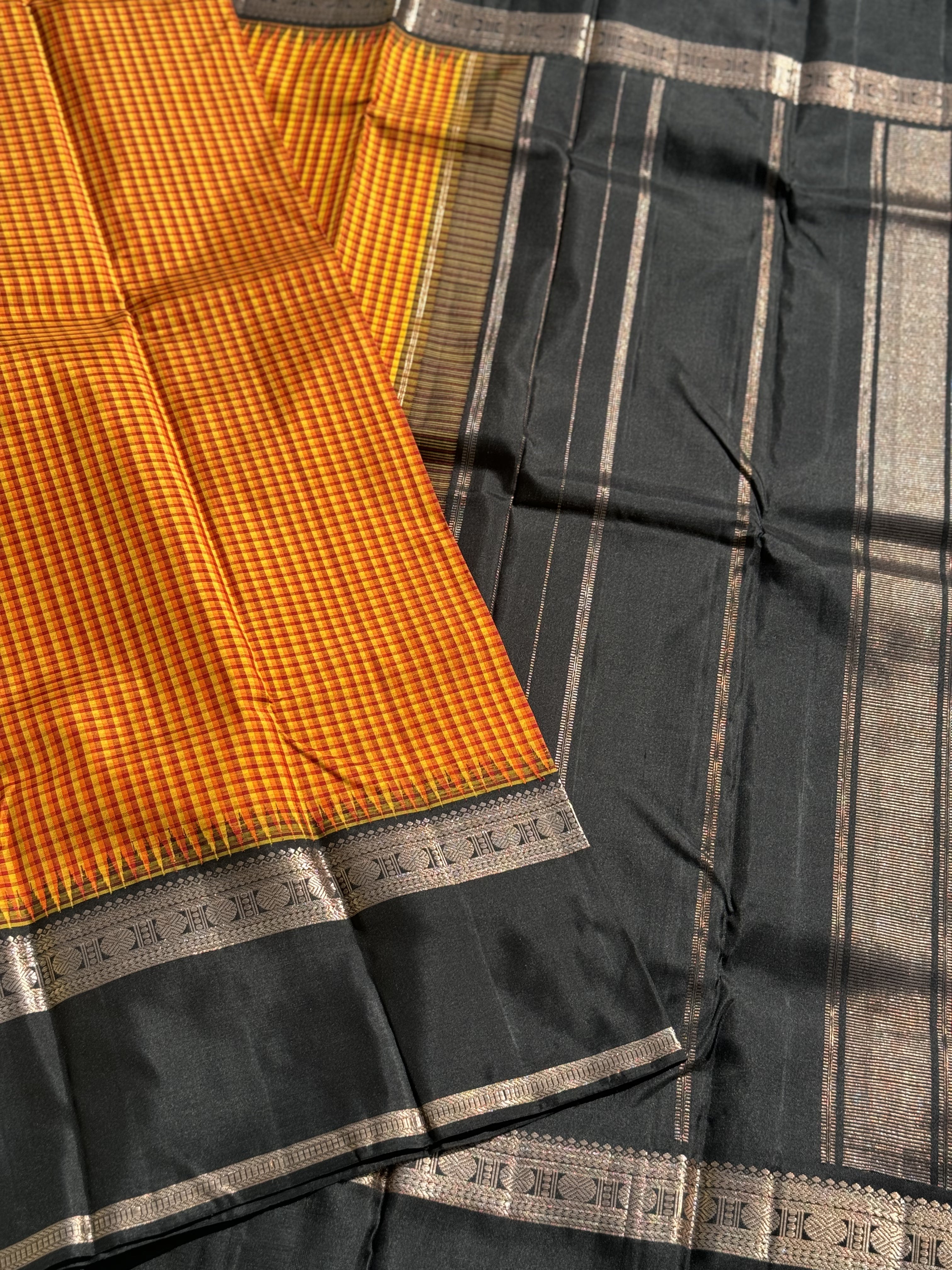 Handwoven Pure Arani Korvai Silk With Pattani kattam or pea checks in mustard yellow with black