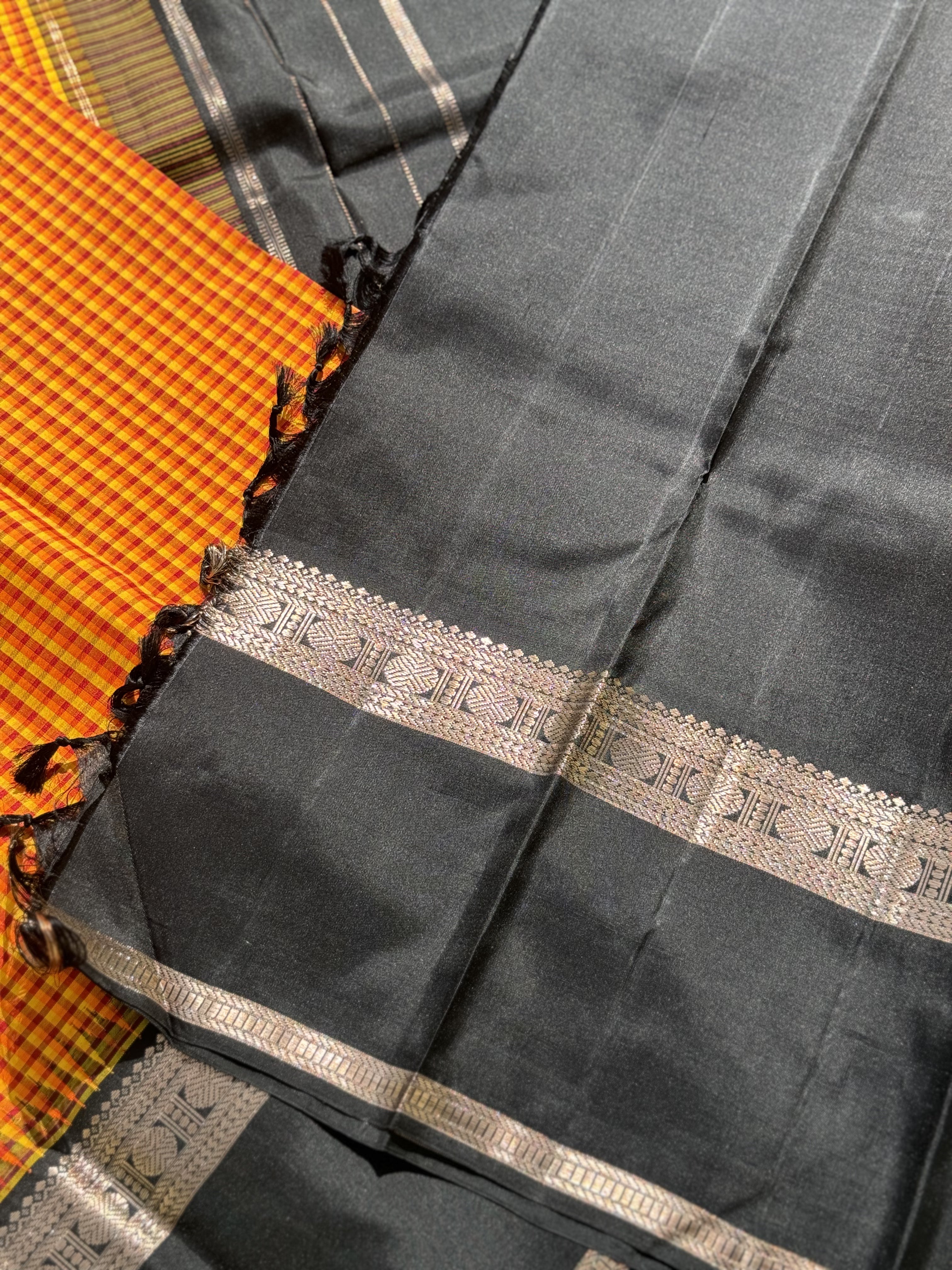 Handwoven Pure Arani Korvai Silk With Pattani kattam or pea checks in mustard yellow with black