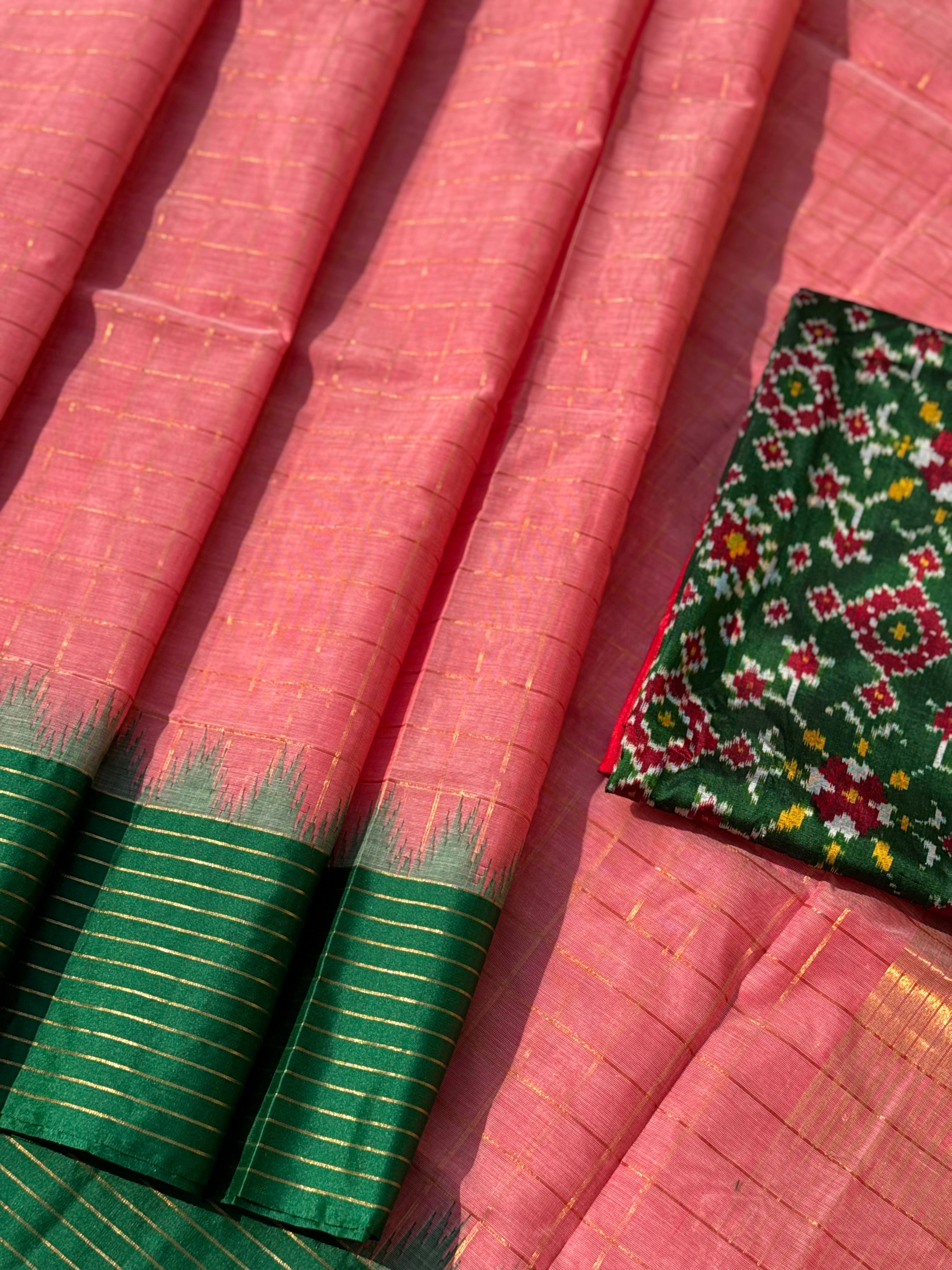 Handspun and handwoven ponduru Khadhi cotton saree with zari checks