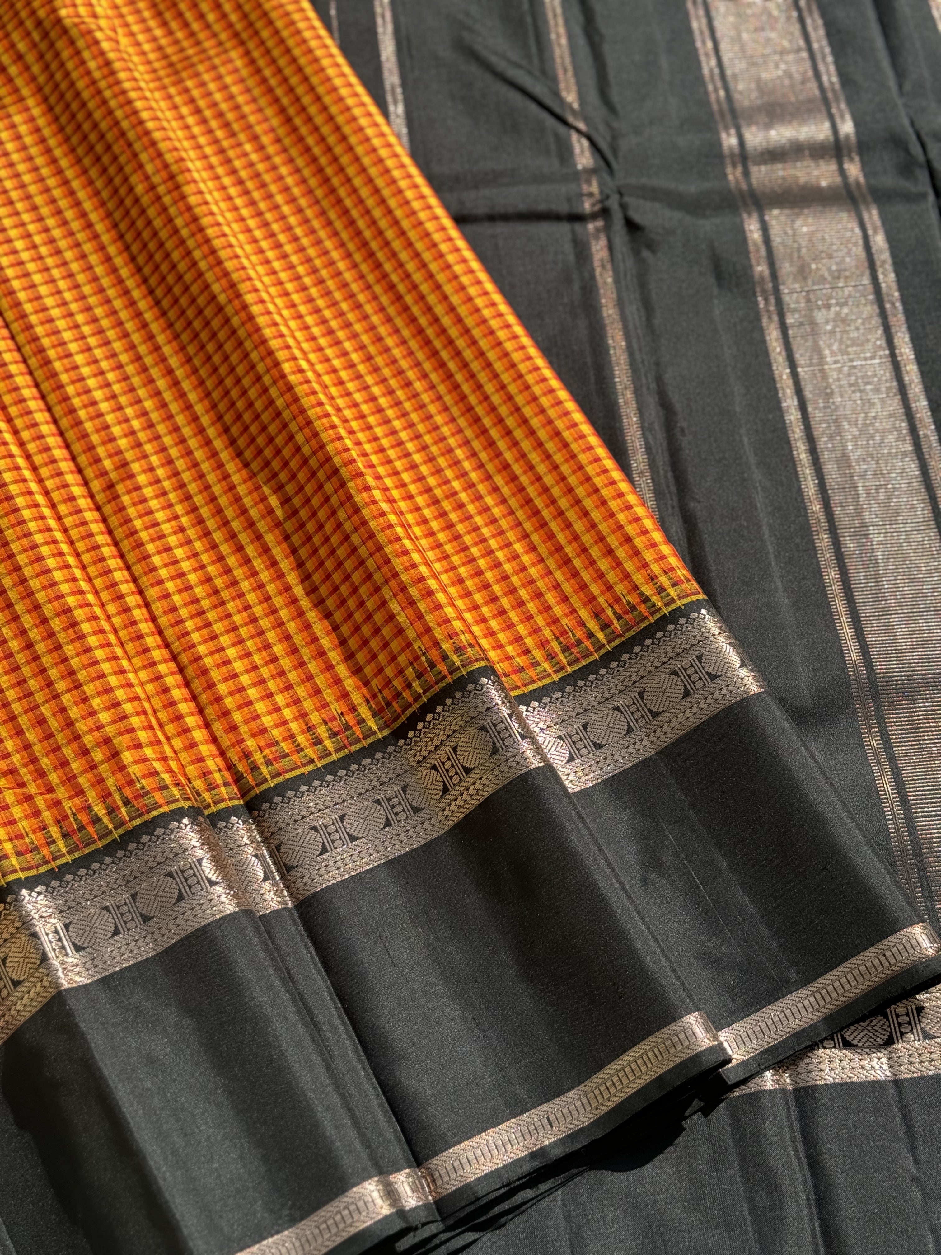 Handwoven Pure Arani Korvai Silk With Pattani kattam or pea checks in mustard yellow with black
